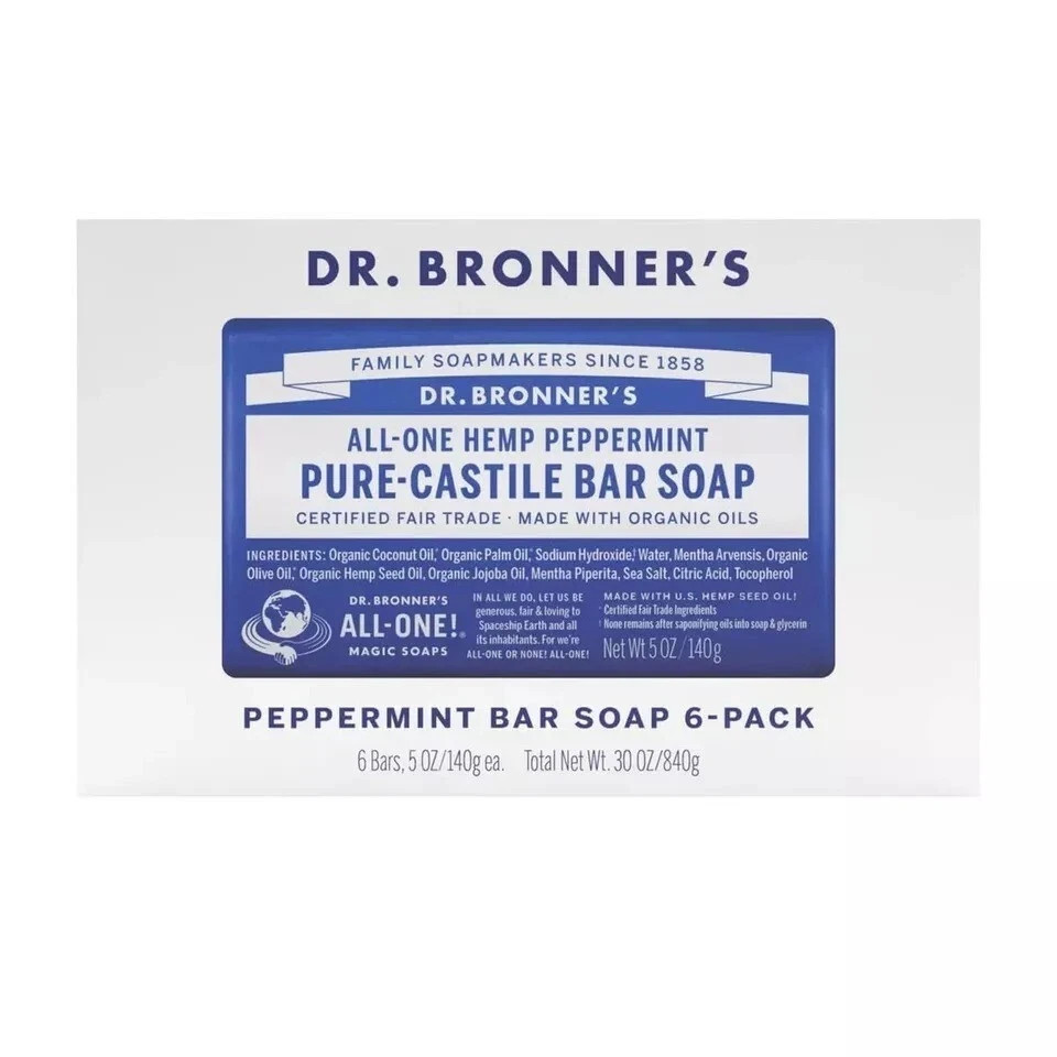 Dr. Bronner’s Organic All-One Pure-Castile Bar Soap, Peppermint – 5oz Pack of 6