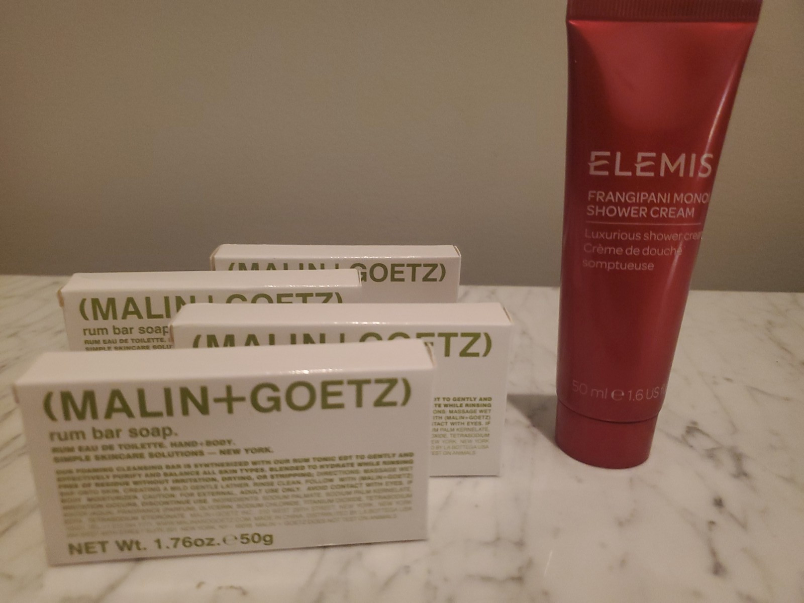 4 MALIN + GOETZ RUM BAR SOAP~1.76oz ea.~TRAVEL~plus Elemis Shower Cream 1.6~NEW