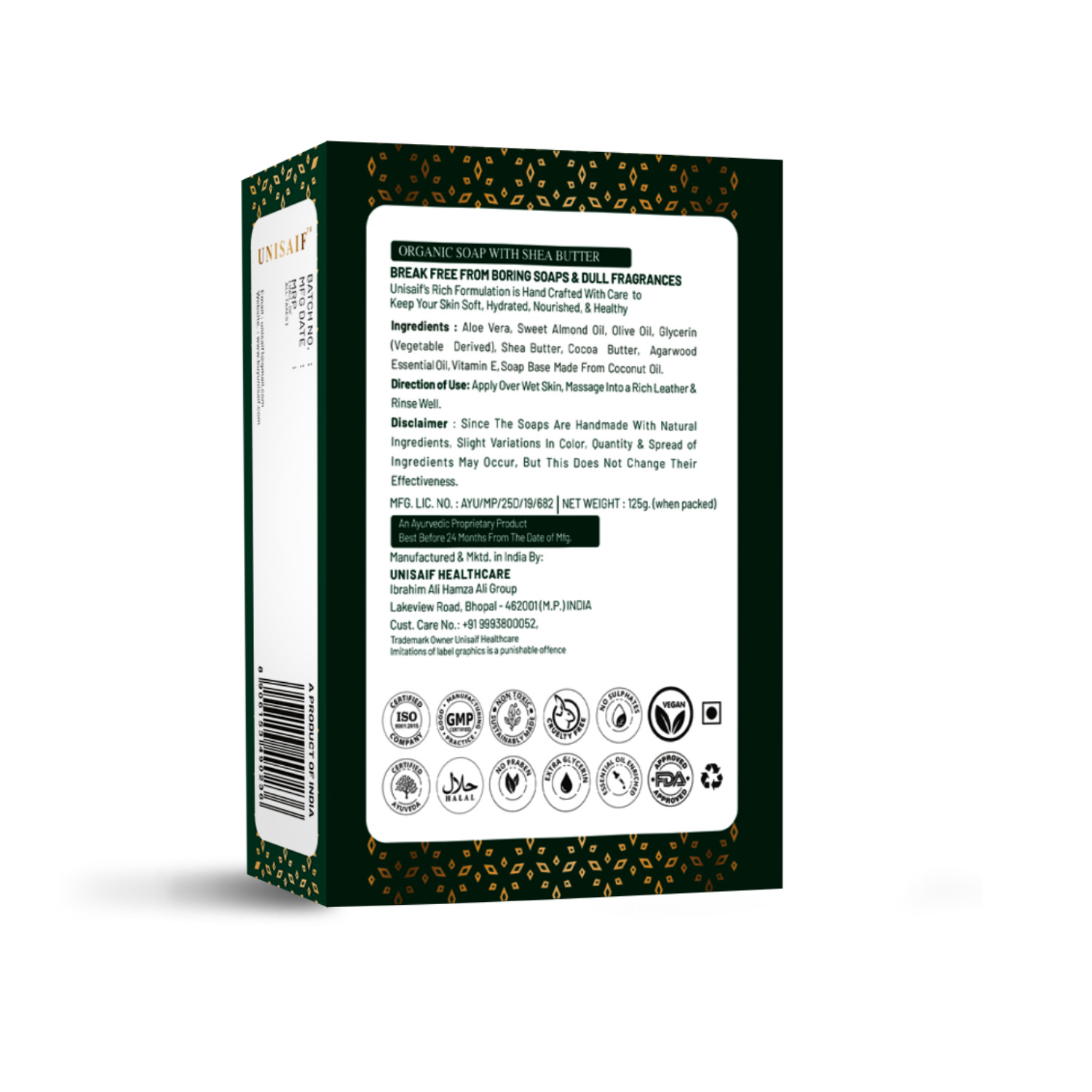 Unisaif Jannat-Ul-Firdaus Organic Body Soap Bar, Moisturizing With Shea Butter