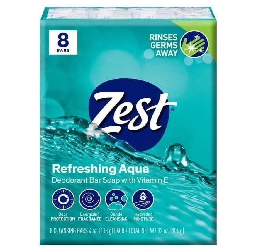 Zest Deodorant Bar Bath Soap, Hydrating Moisture, Aqua, 4 oz, 8 Bars, Pack of 4