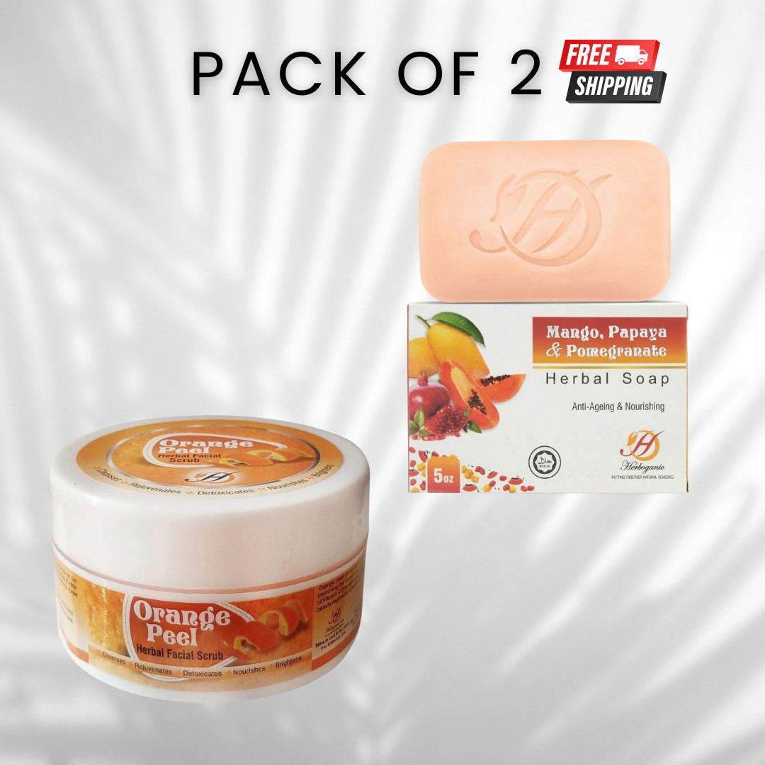 Orange Peel Herbal Facial Scrub & Mango, Papaya & Pomegranate Herbal Soap-Pack 2