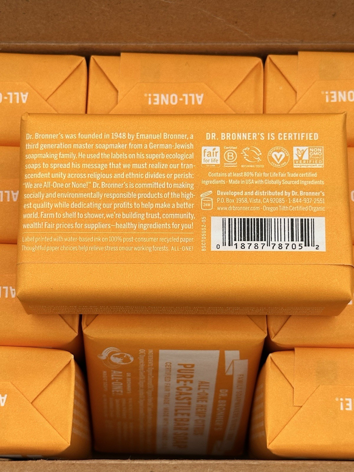 Dr Bronner’s All-One Hemp Citrus Pure Castile Bar Soap Organic 12 Pack 5oz Bars