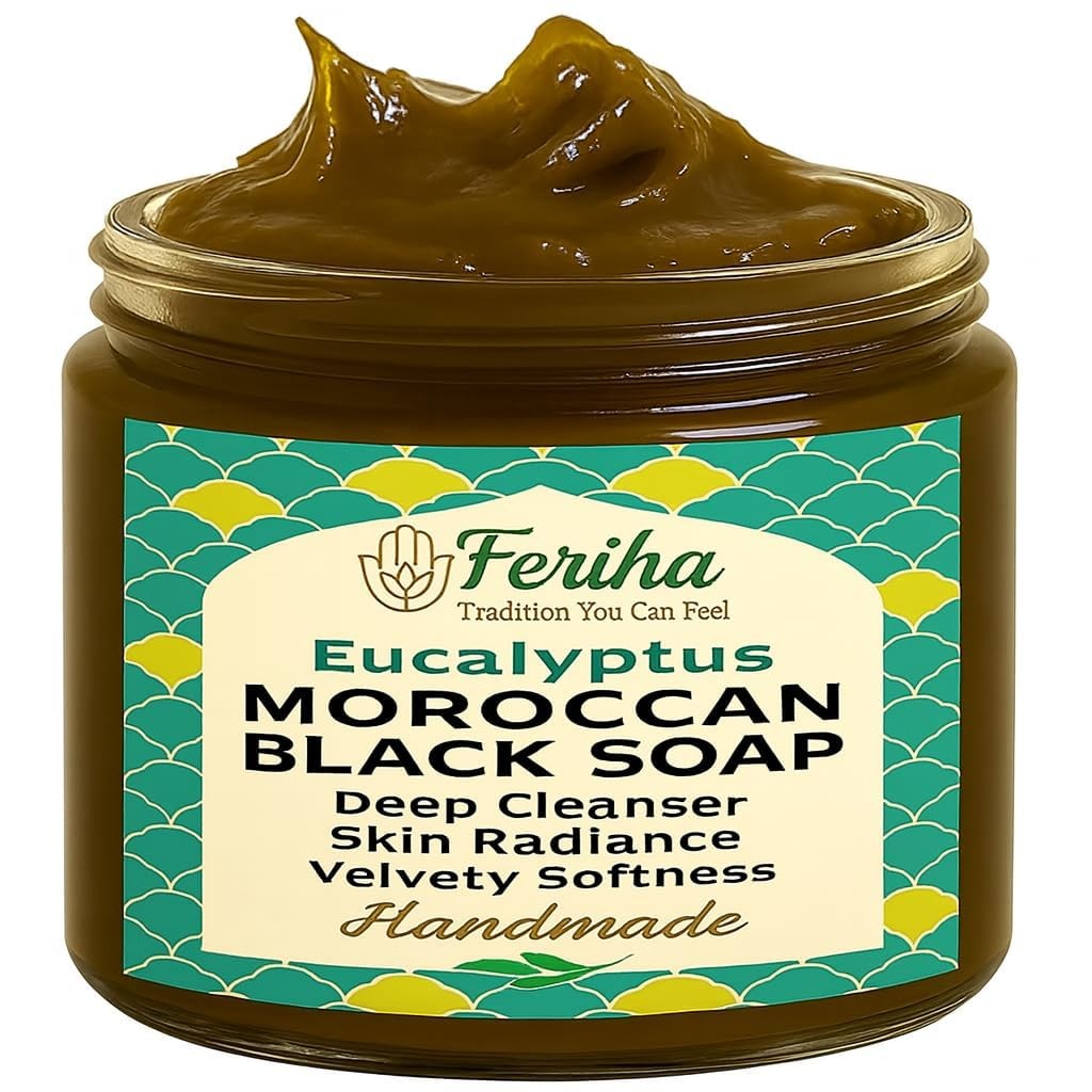 FERIHA Moroccan Black Soap Hammam with Eucalyptus 7 Ounce (Pack of 1), Brown
