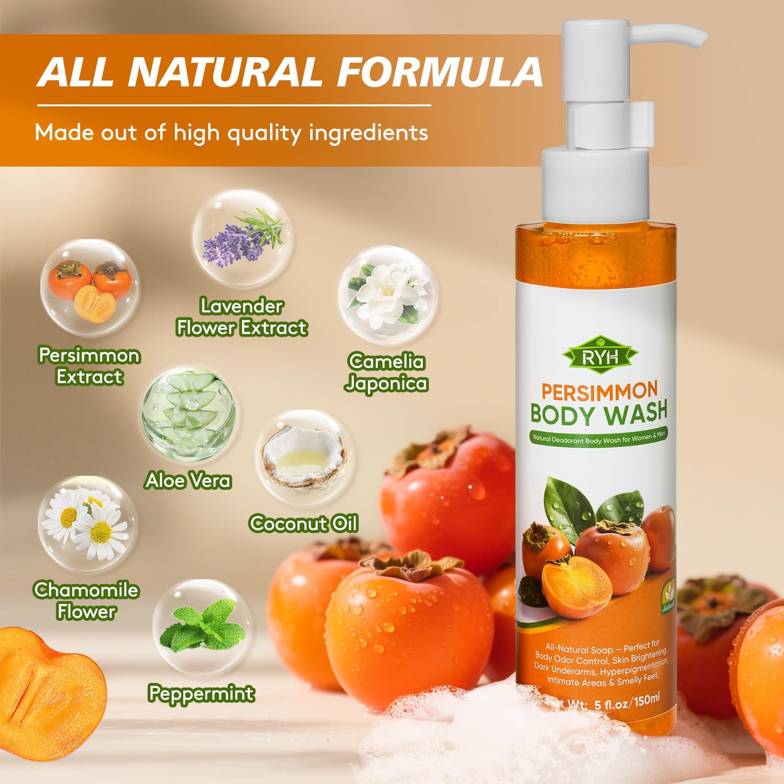 RYH 2 PCS Persimmon Soap Bar and Persimmon Body Wash for Body Odor Control, N…