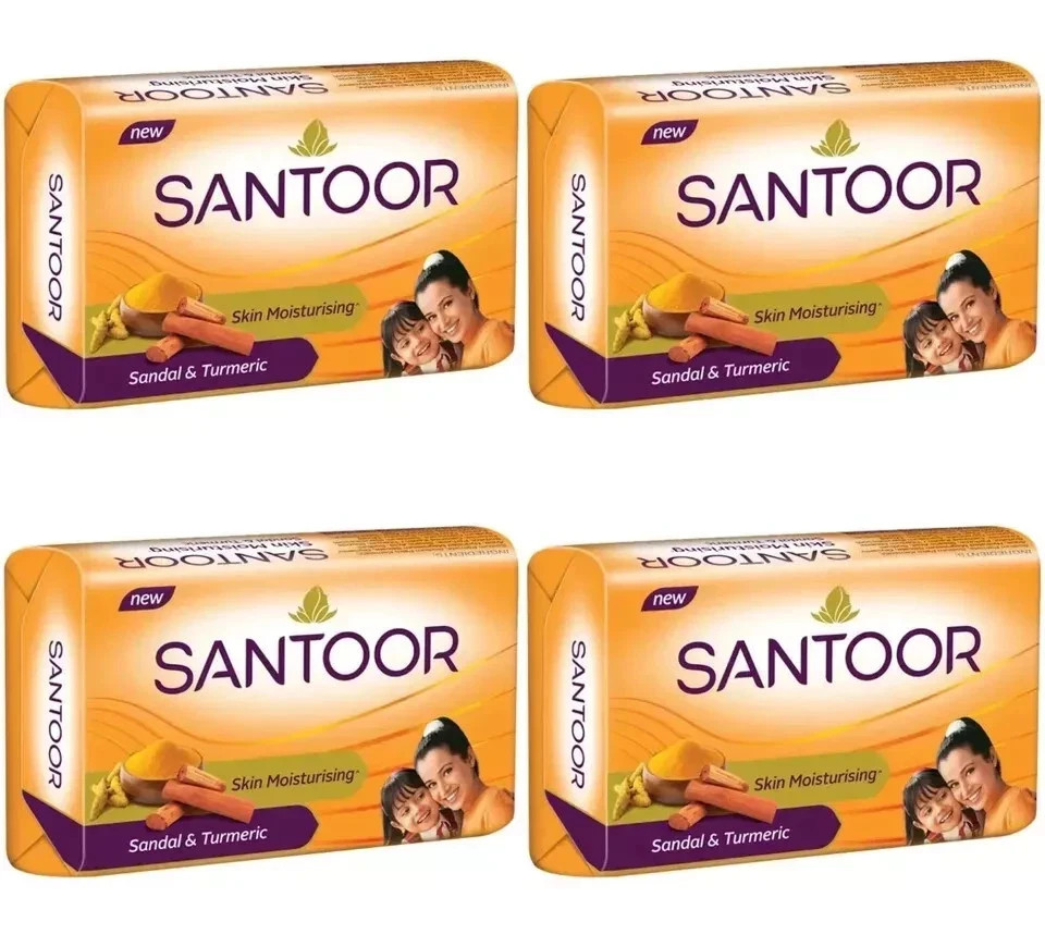 Santoor Sandal & Turmeric Soap (4 x 100g) Moisturizing & Skin Brightening Bars