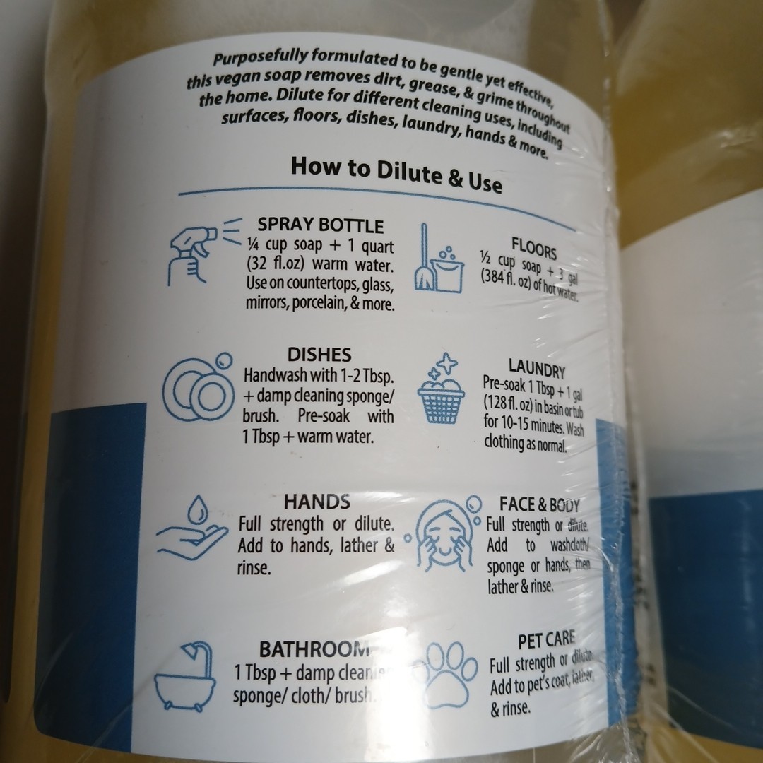 2x Liquid Castile Soap USA made Multi-Purpose Cleaner Unscented 64 Oz (128oz) 1d