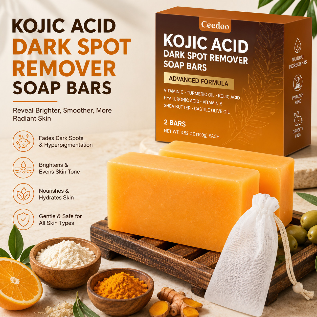 Kojic Acid Soap with Turmeric & Vitamin C 2 Pack + Soap Holder & Mesh Bag