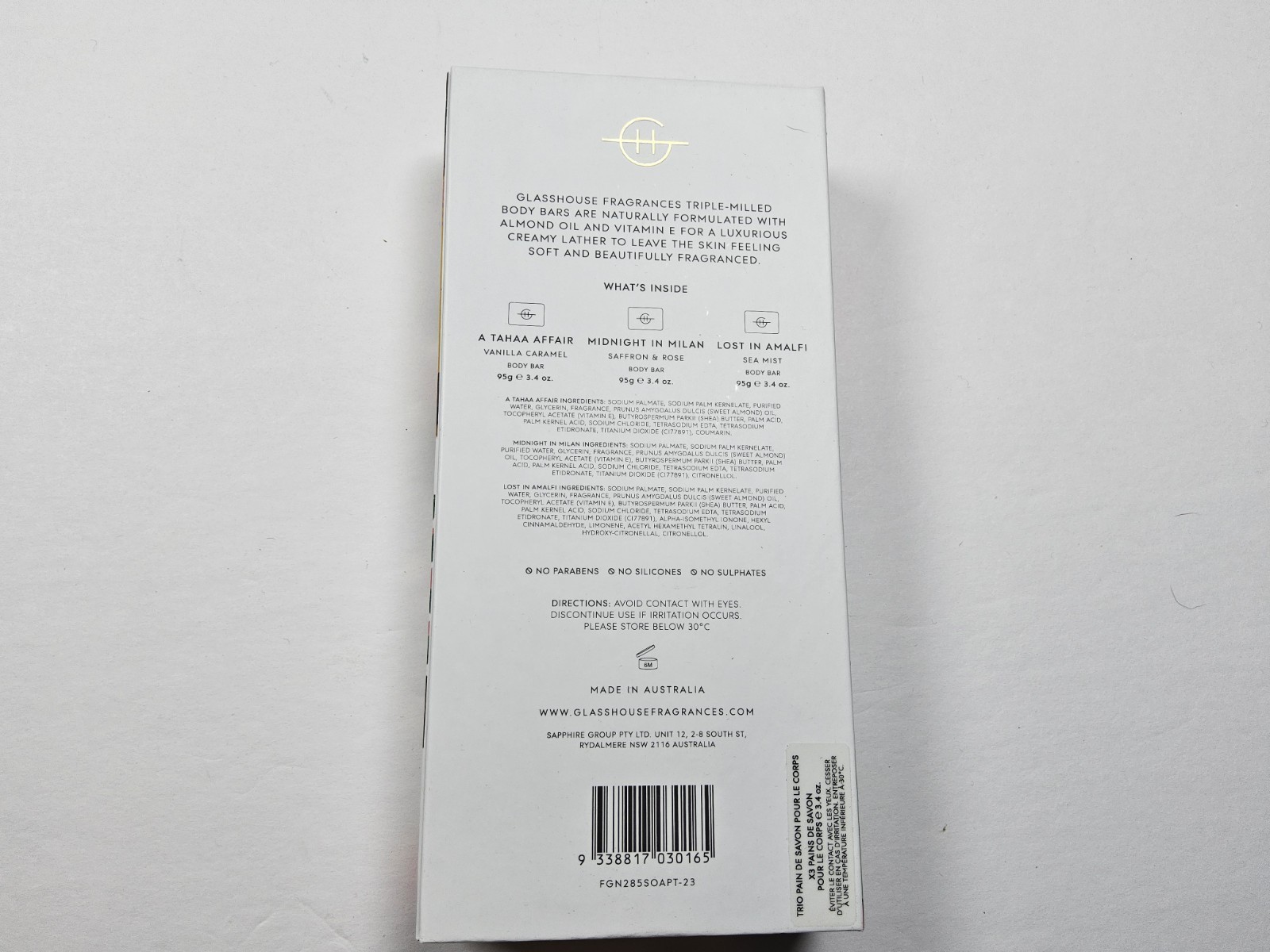 Glasshouse Fragrances Holiday Body Bar Trio Tahaa, Milan, Amalfi 3.4oz Each