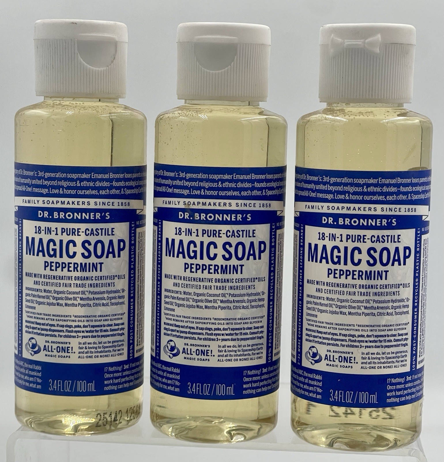 Lot of 3 Dr. Bronner’s 18-in-1 Pure Castile Soap Peppermint 3.4oz Travel Size