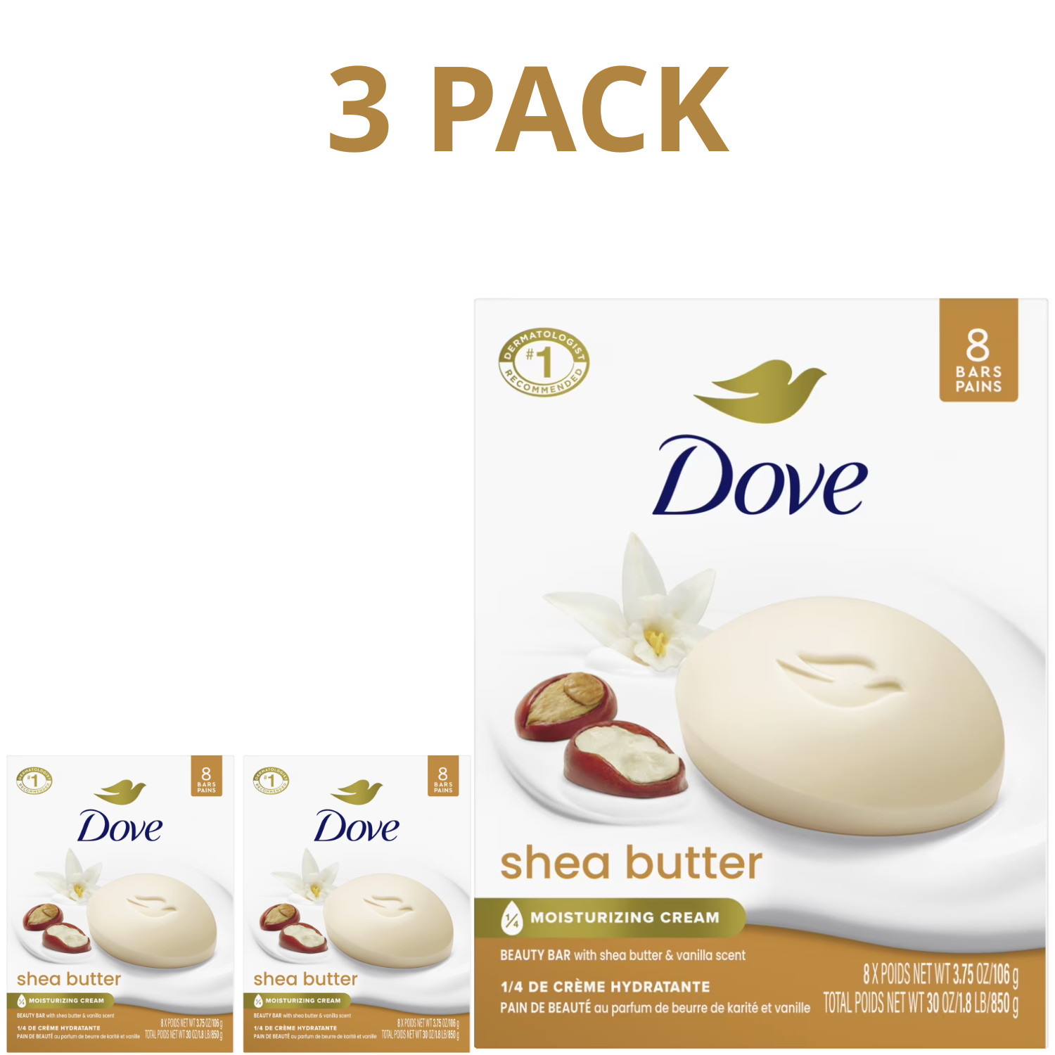 Dove Beauty Bar Women’s Bath Soap Shea Butter, 3.75 oz 8 Bars, 3 Pack