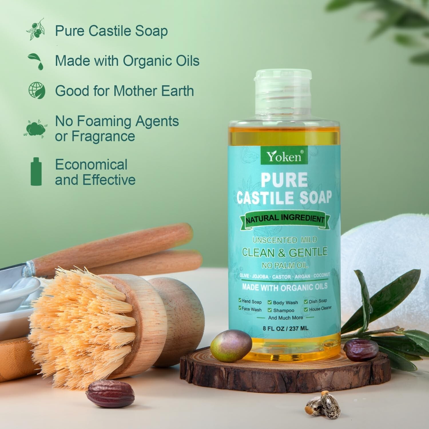 Pure Castile Liquid Soap Organic (EWG Verified, Unscented, 8 OZ), Made with Orga