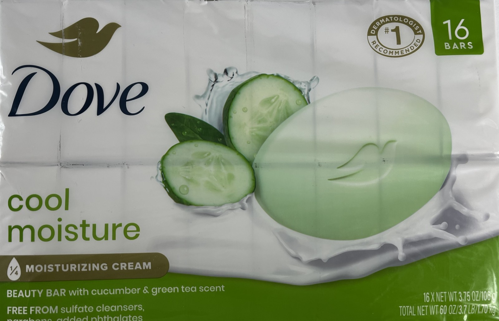 Dove Beauty Bar Cool Moisture, 3.75 each x 16 with cucumber and green tea scent