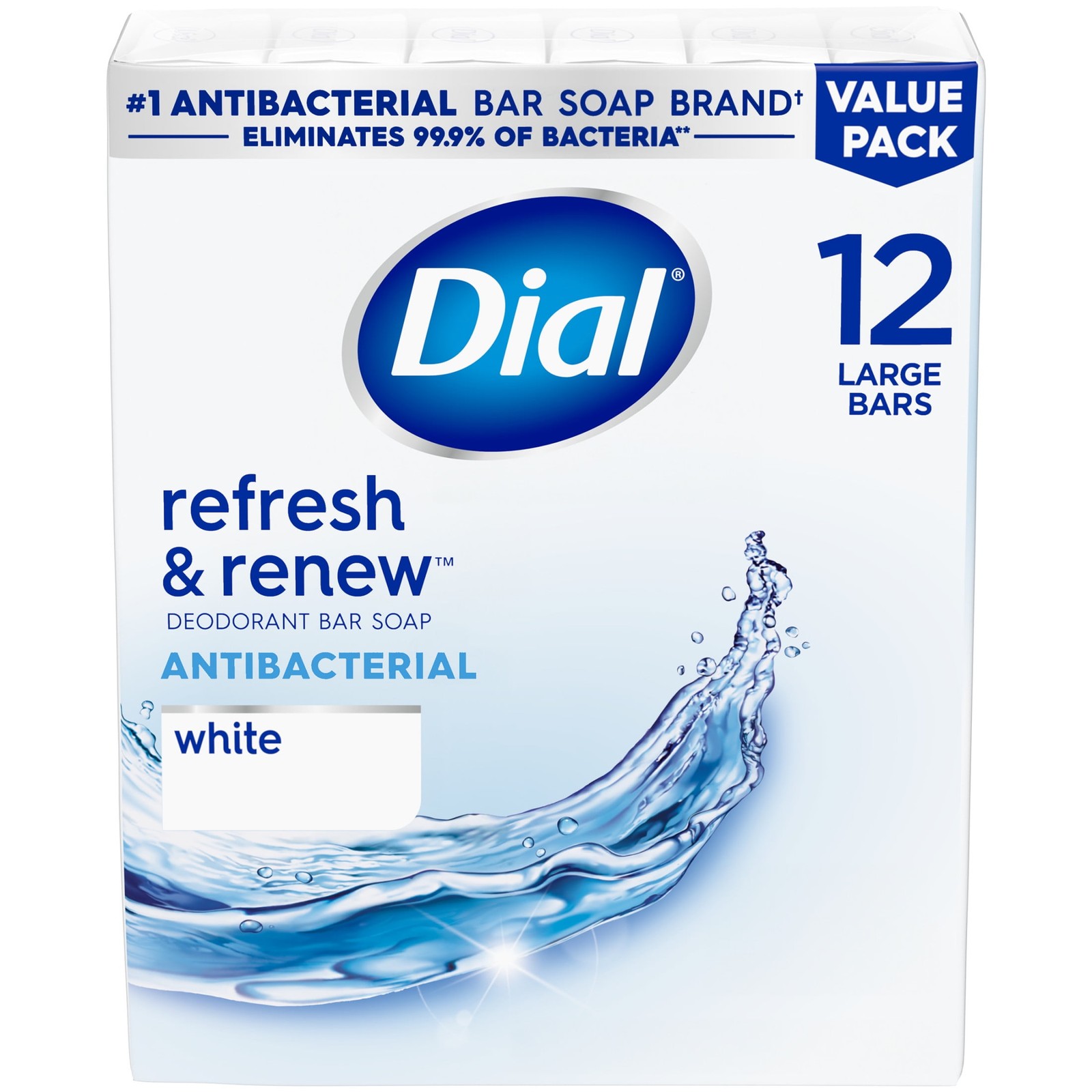 Dial Antibacterial Bar Soap, Refresh & Renew, White, 4 oz, 12 Bars