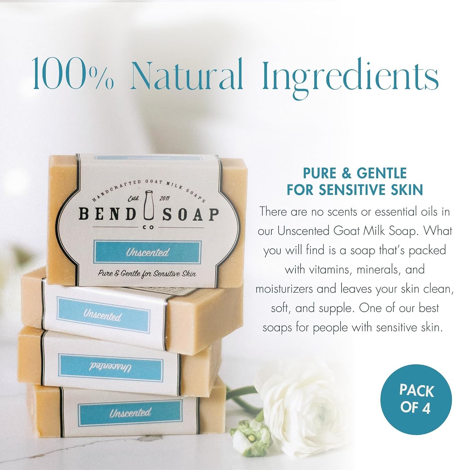 4 x 4.5 oz Handmade Unscented Goat Milk Soap Bars for Dry & Sensitive Skin