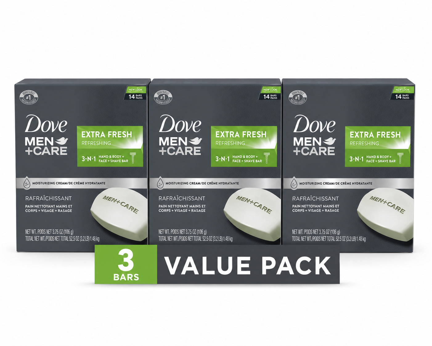 Pack of 3-DOVE MEN + CARE Bar 3 in 1-14 Bars Cleanser for Body Face 3.75 oz