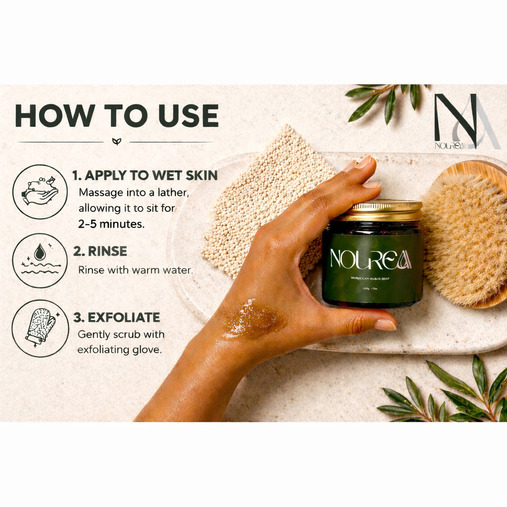 Noureaa Organic Moroccan Black Soap, Olive-Based Black Soap for Exfoliation Prep