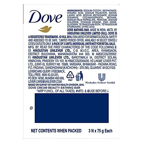 Dove Cream Beauty Bathing Bar, Has 1/4th Moisturizing Cream, 225 g (Pack of 3)