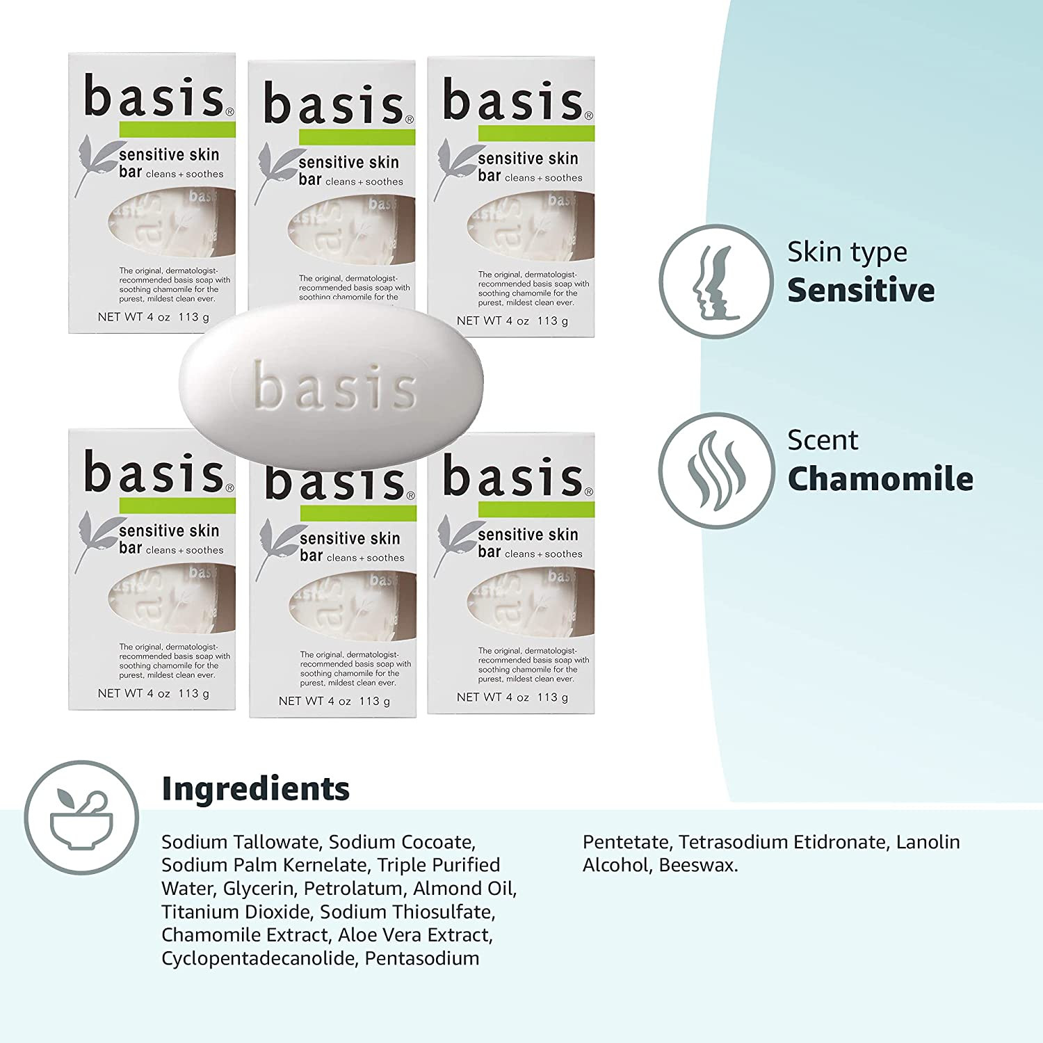 Sensitive Skin Bar Soap – Cleans and Soothes with Chamomile and Aloe – Pack of 6