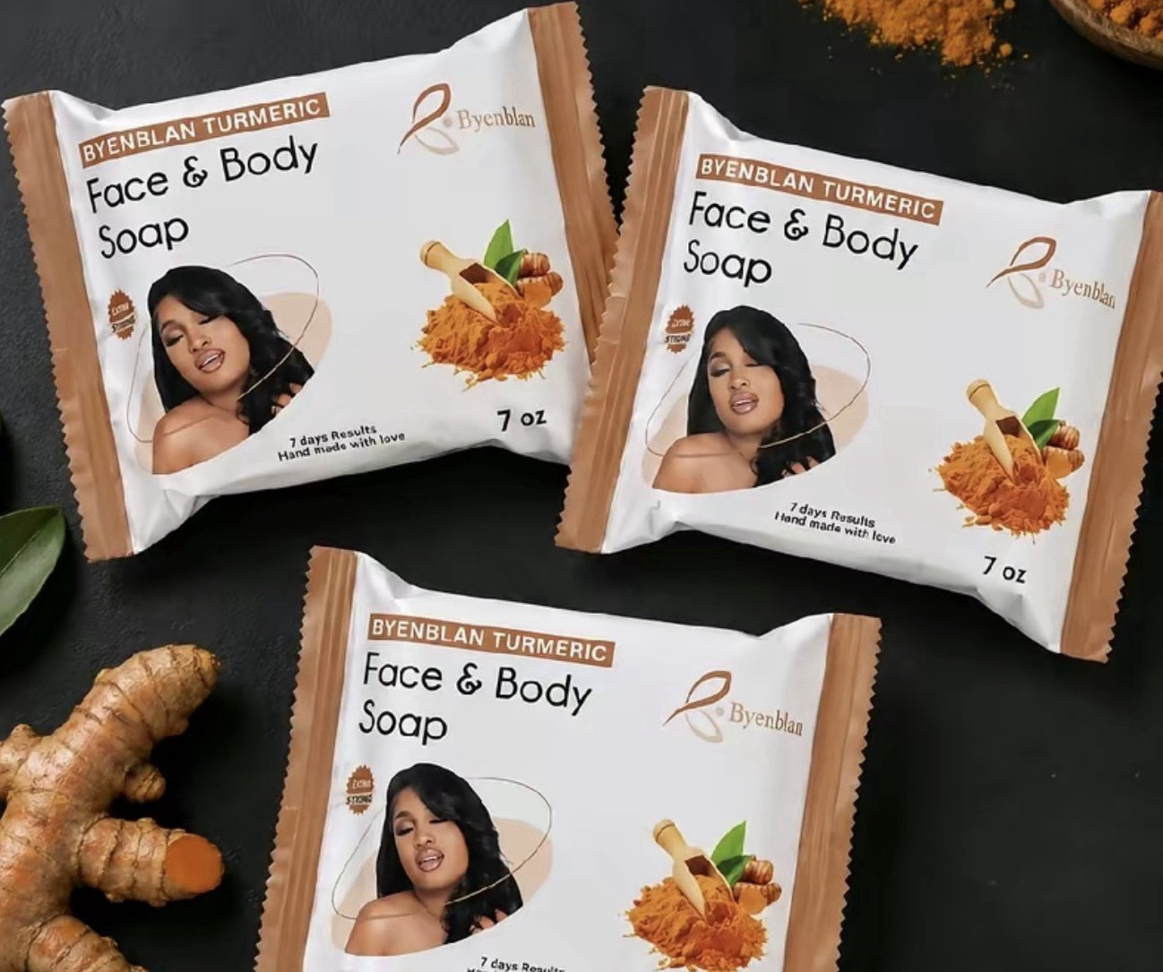 Byenblan Handmade Turmeric Face & Body Soap Rectangular 7oz. Set of 3