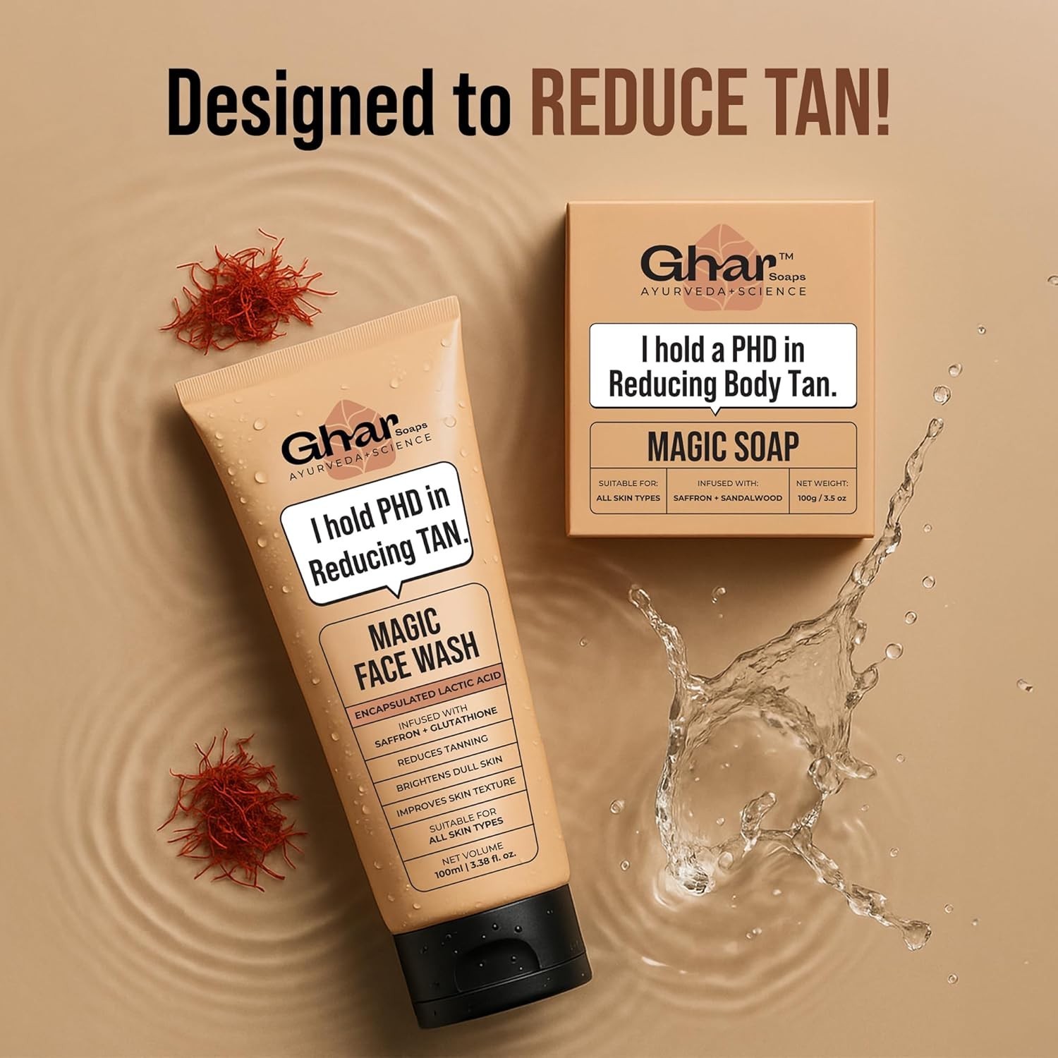 Ghar Soaps De-Tan Face Wash 120ml & Sandalwood Saffron Soap 100g Combo