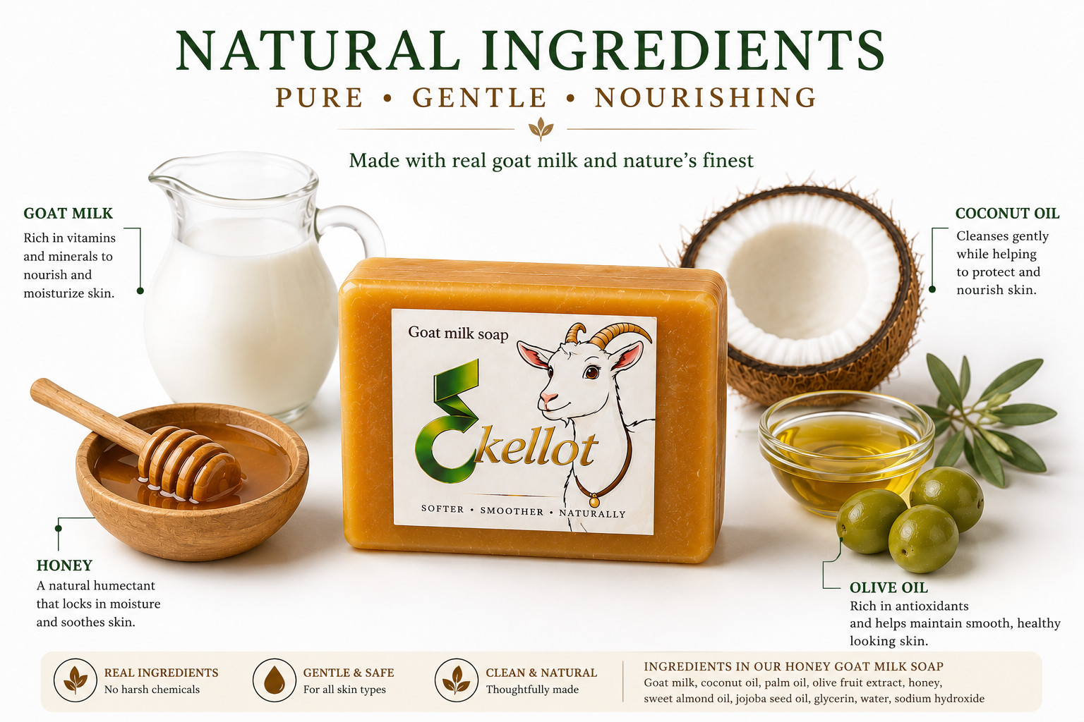 EKELLOT Handmade Goat Milk Soap 3-Pack | Free Shipping | Natural Bath Soap | 100