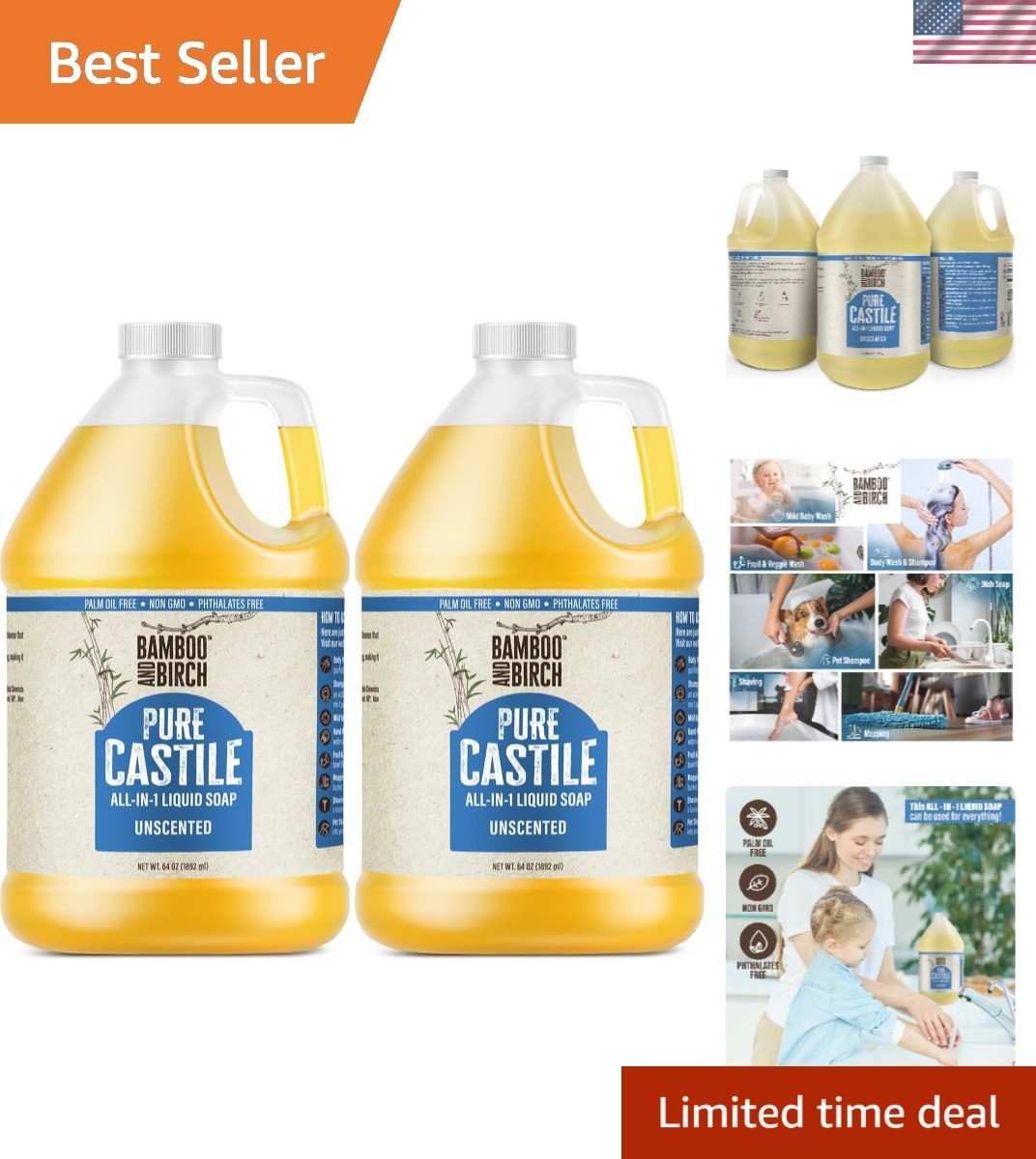 Pure Castile Soap Liquid, Certified Palm Oil Free Natural Soap, Unscented, 1 …