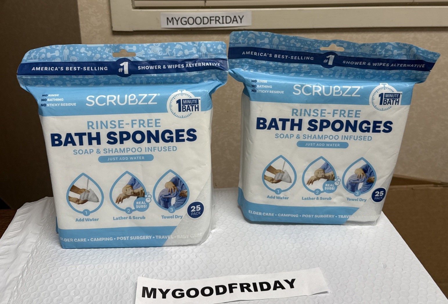 Scrubzz Bath Alternative Rinse Free Bath Sponges – SET OF 2 (25 Each Total 50)