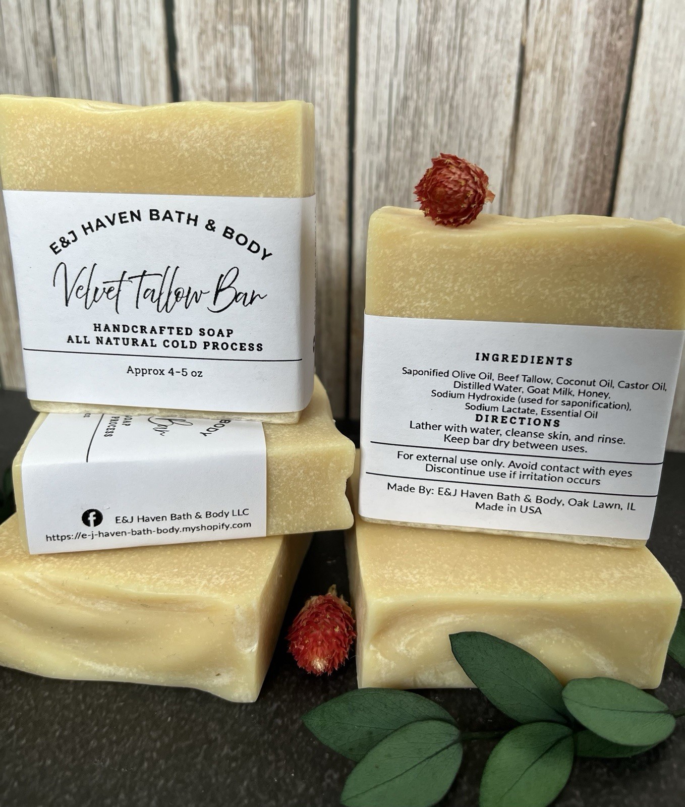 E&J Haven Bath & Body Velvet Tallow Bar Soap Honey Scent Cold Process $7.50 each