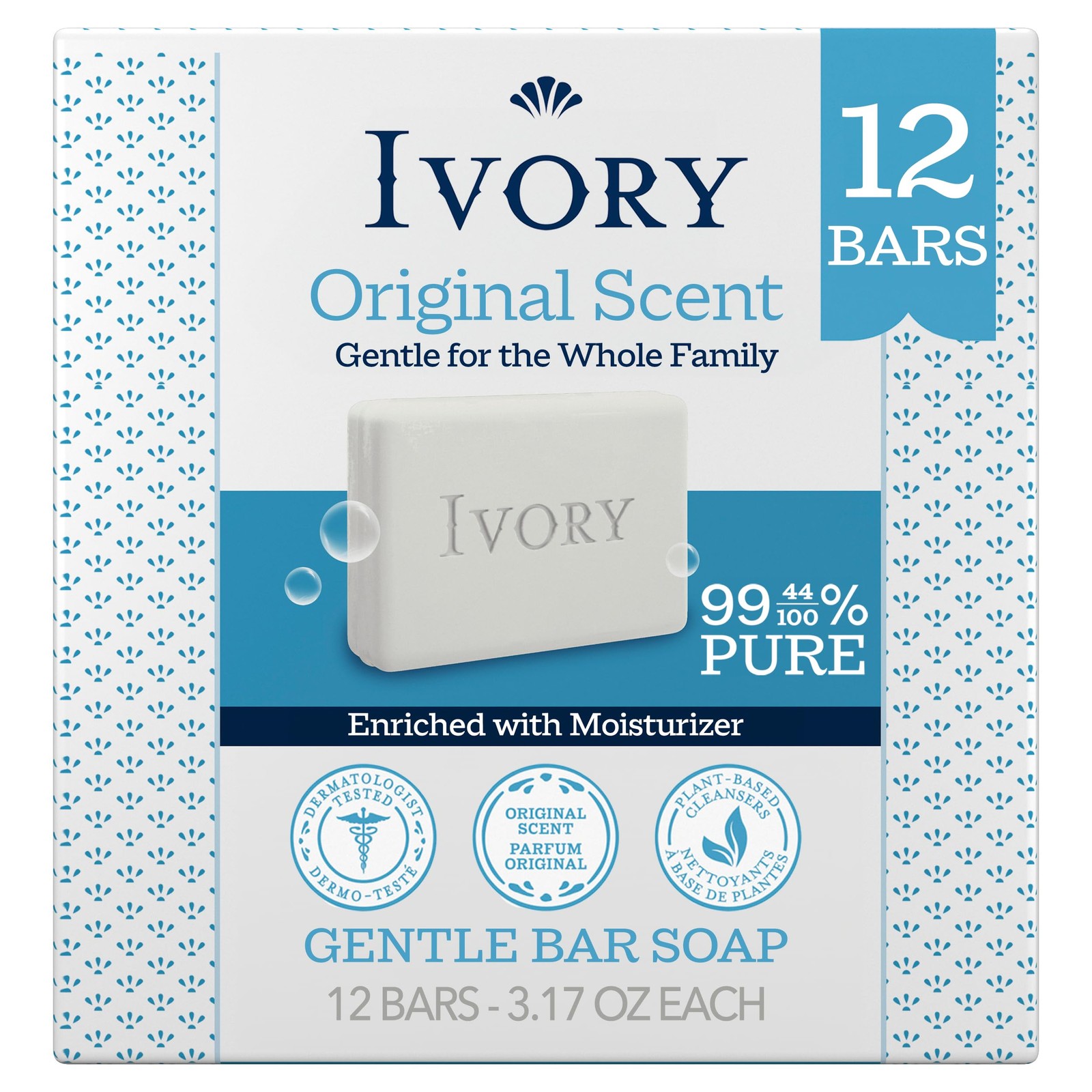 Gentle Bar Soap for All Skin Types, 99.44% Pure, PlantBased Cleanser, 12 Count