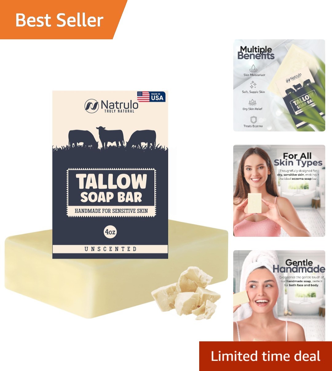 Handcrafted Grass-Fed Tallow Soap Bar – Gentle Face & Body Cleanser for Eczema