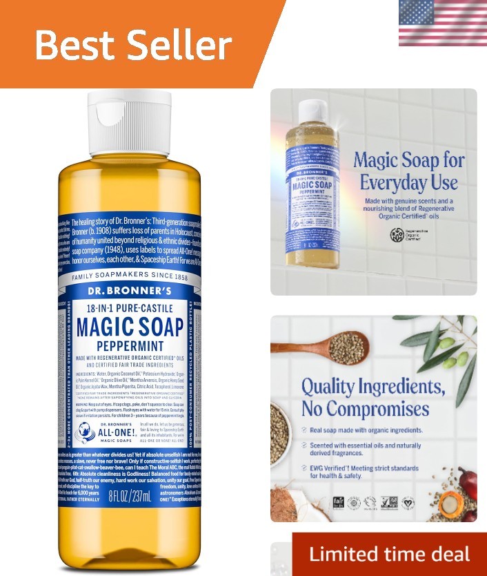 Pure-Castile Magic Liquid Soap Peppermint, 8 Ounce- Made with Organic Oils, 1…