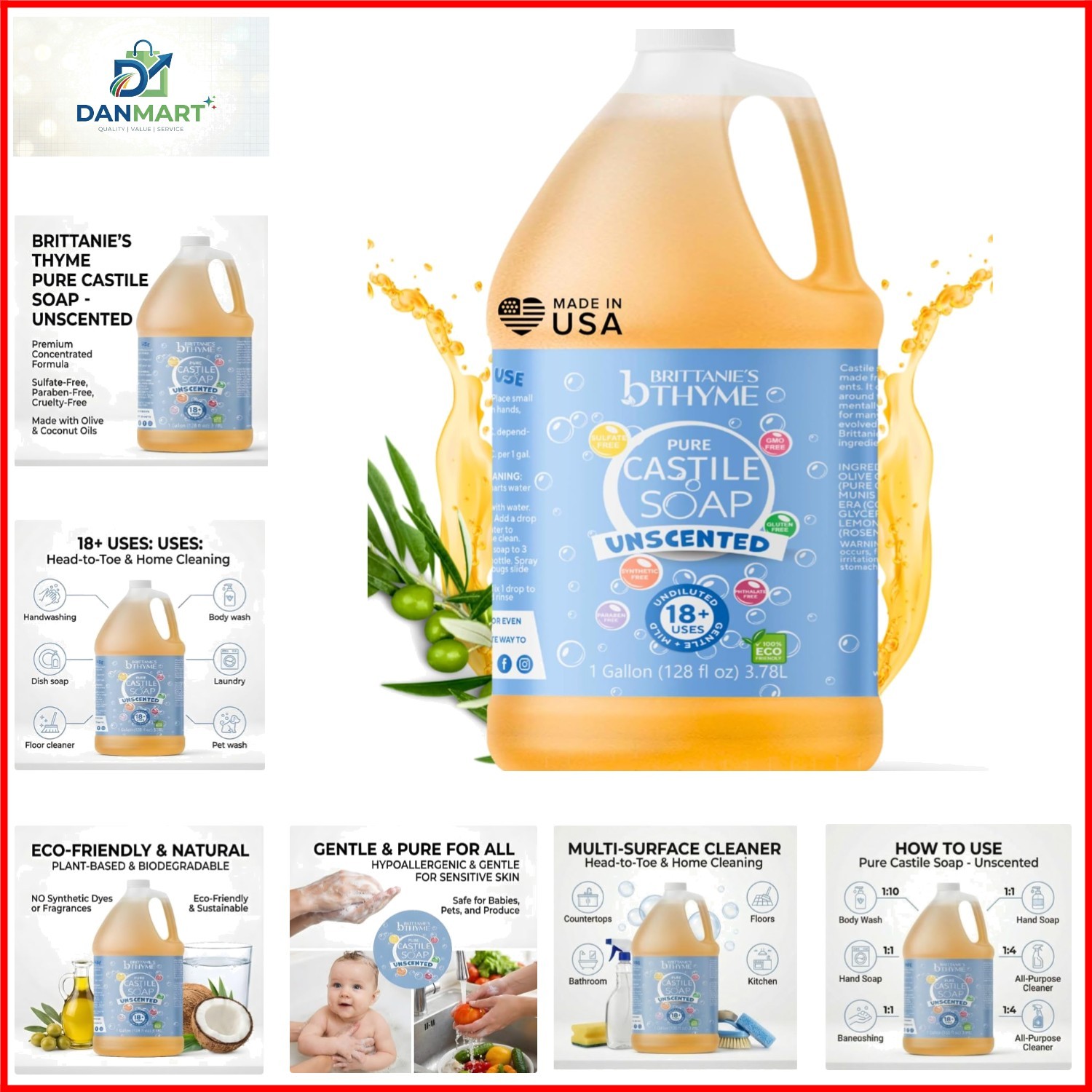 Brittanie’s Pure Organic Castile Liquid Olive Oil Soap Refill, 1 Gallon Unsce…