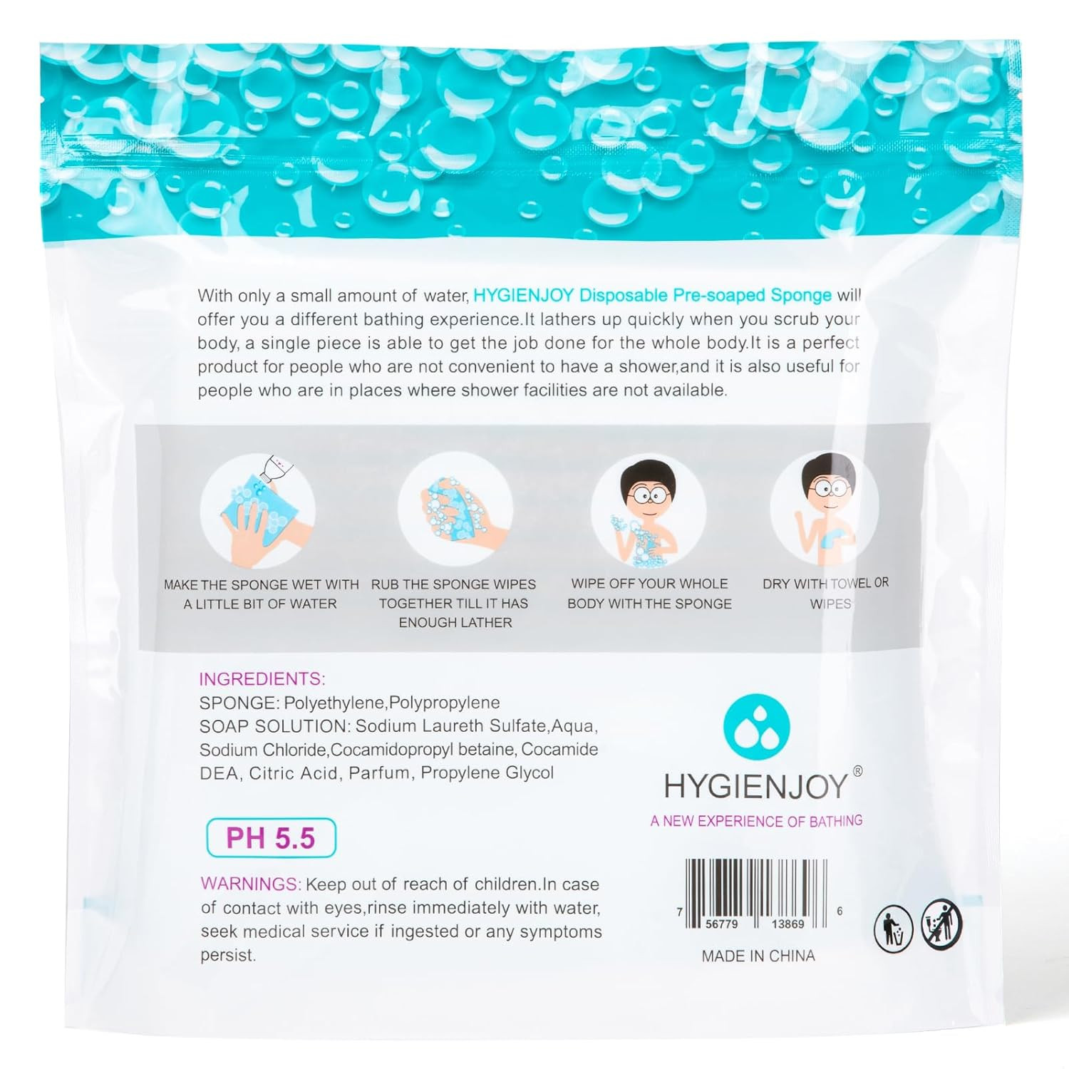 -Rinse Free Bath Sponges No Rinse Bathing Wipes(25 Counts)-No Residue Shower Wip