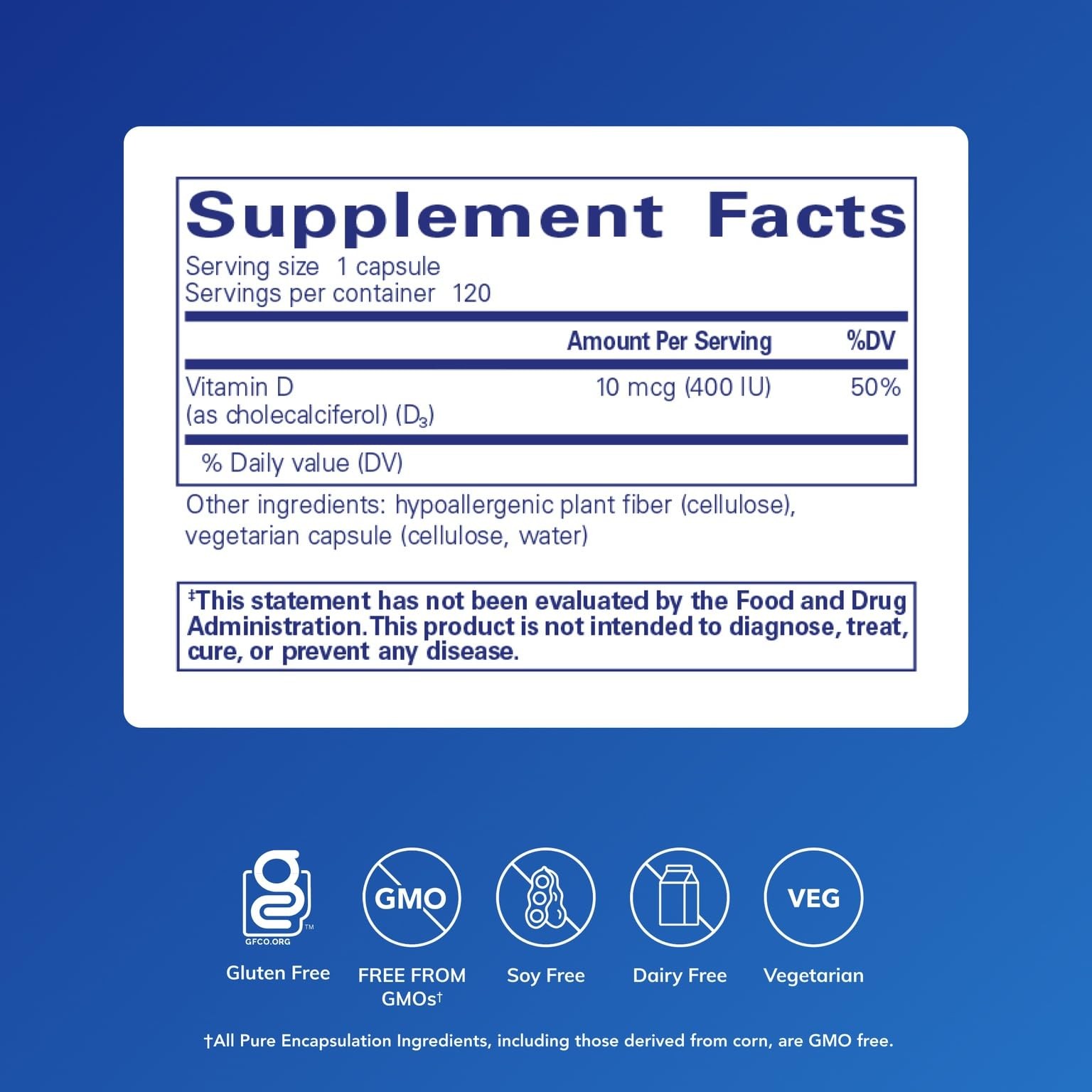 Pure Encapsulations Vitamin D3 10 mcg (400 IU) | 120 Count (Pack of 1)