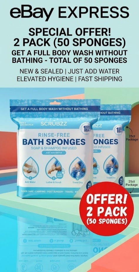 Scrubzz Disposable Rinse Free Bathing Sponges – Unscented, 50 Count
