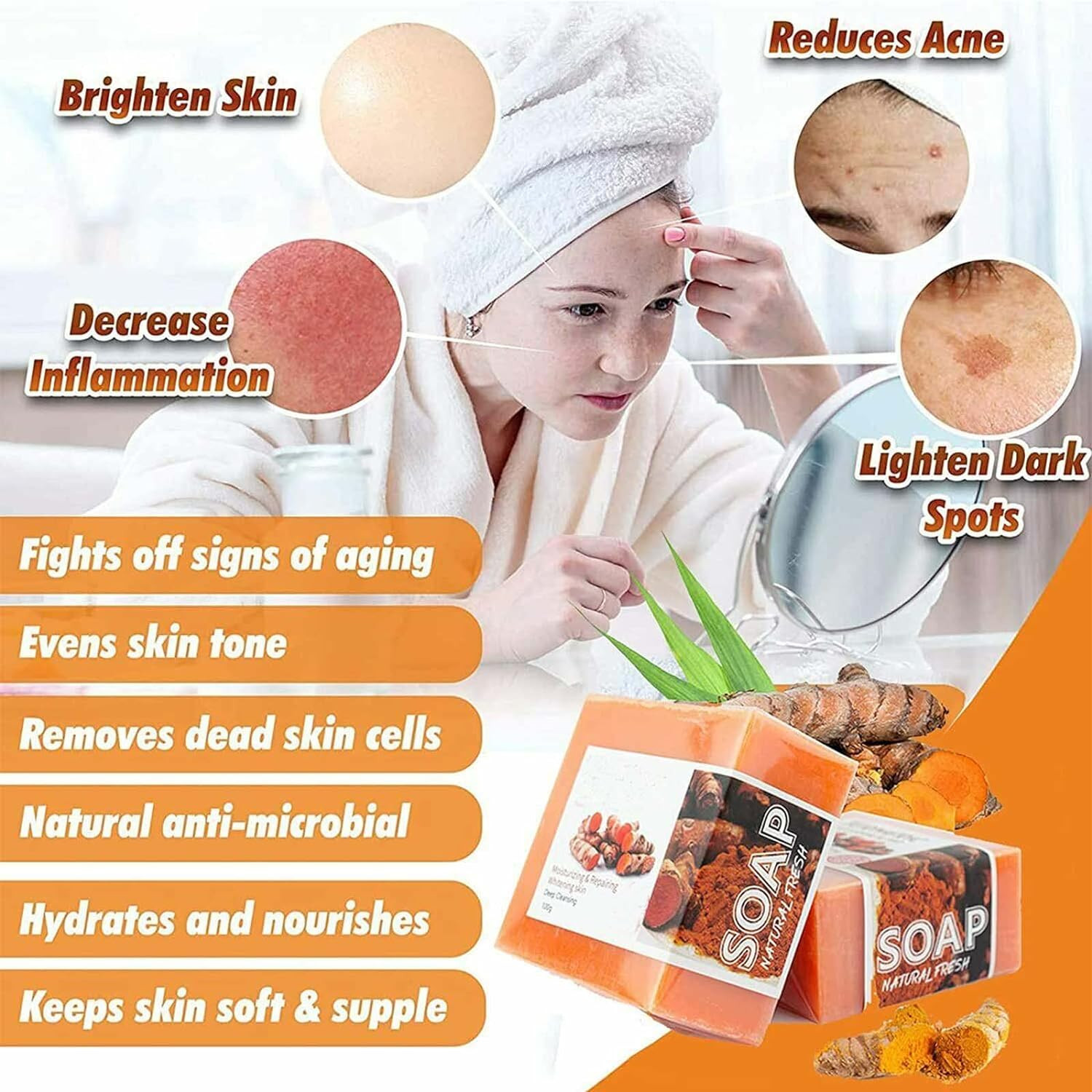 3PCS Tumeric Soap Skin Whitening Dark Spots lightening Acne Brightening Turmeric