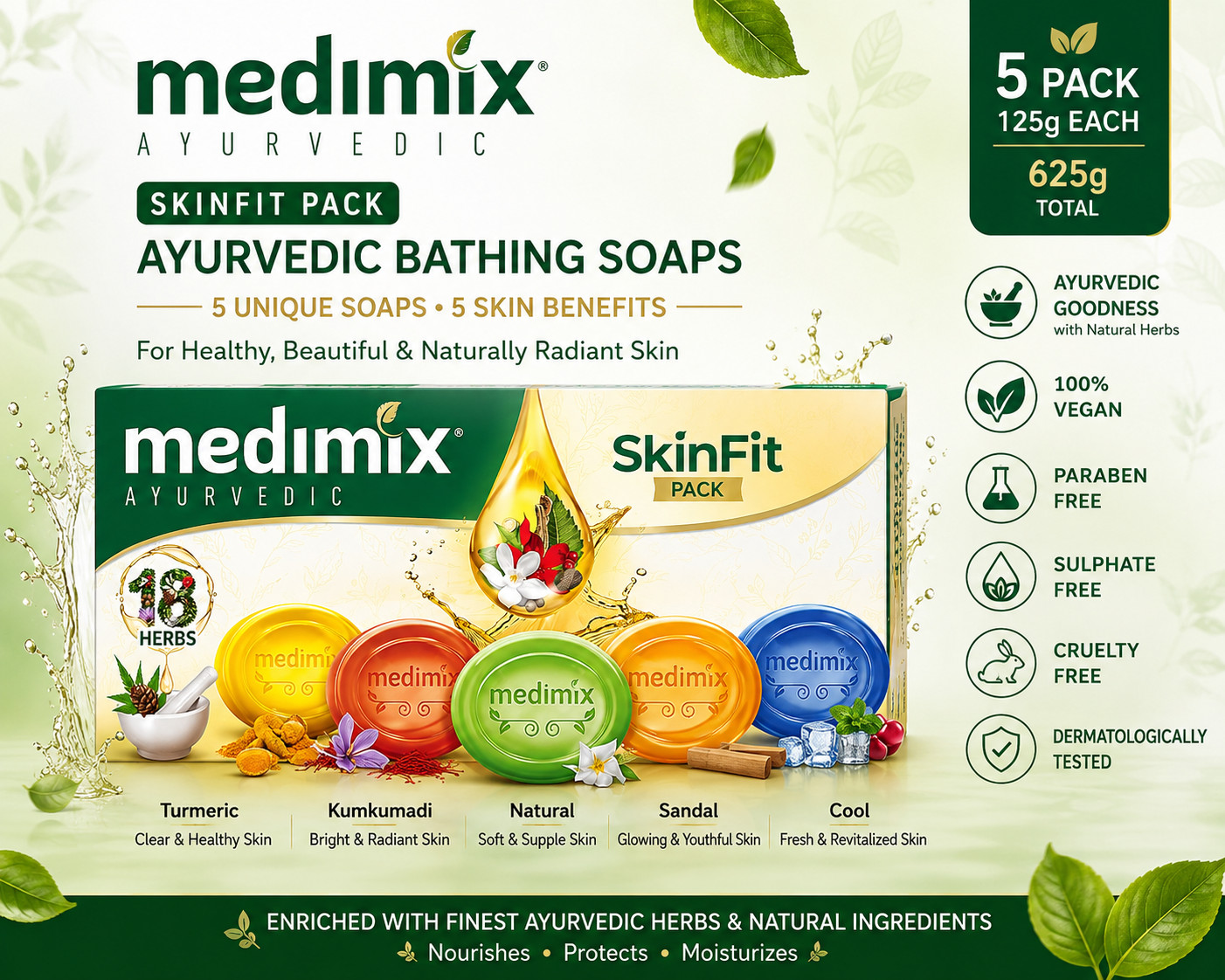 Medimix Ayurvedic SkinFit Soap Pack 625g | 5 Herbal Bathing Bars | Paraben Free