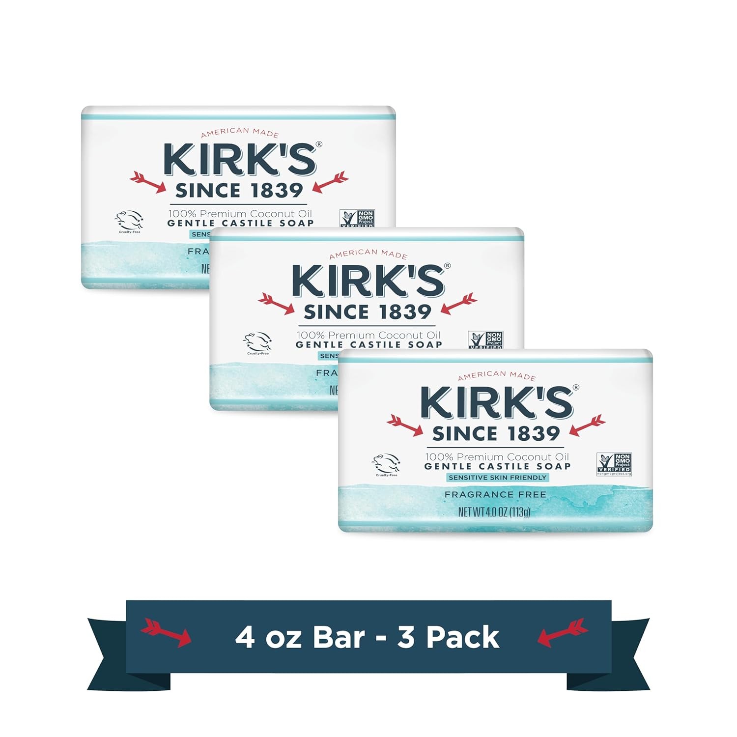 Kirk’s Castile Bar Soap – Made With Premium Coconut Oil, 4 oz. 3 Pack