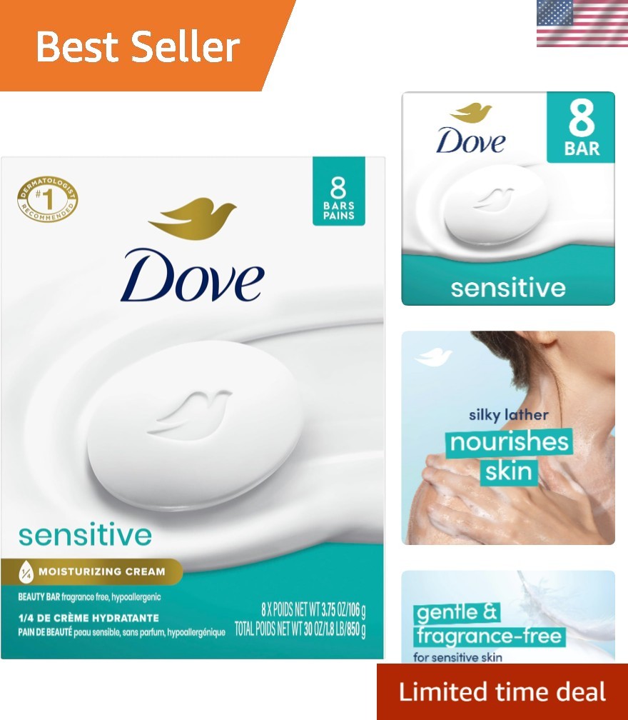 Dove Beauty Bar Soap Sensitive, 8 Bars for Sensitive Skin, Fragrance Free and…