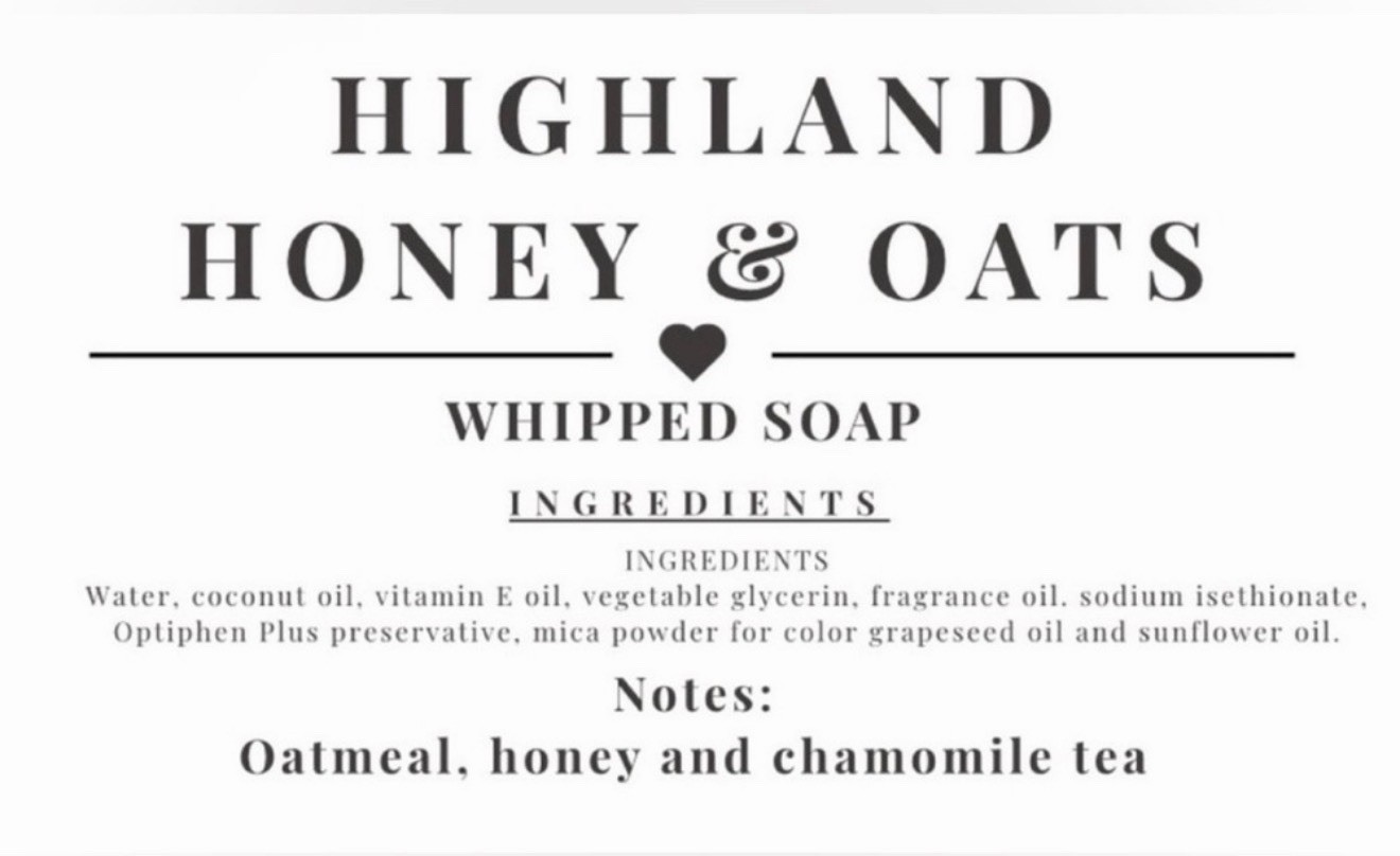 Highland Honey & Oats Whipped Soap Honey Scent with Coconut Oil & Vitamin E