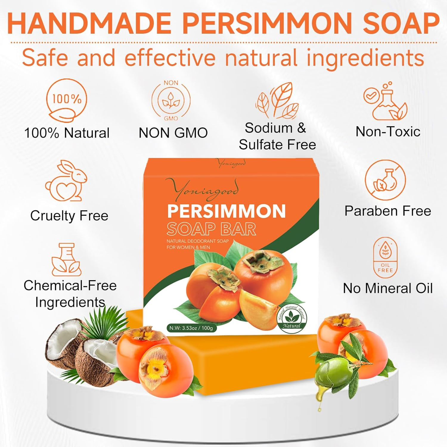 Yoniagood 3 PCS Persimmon Soap Bar for Body Odor Control,Natural Refreshing Body