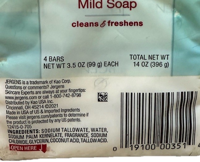 Jergens Mild Soap 4 Bars 3.5 Oz Each