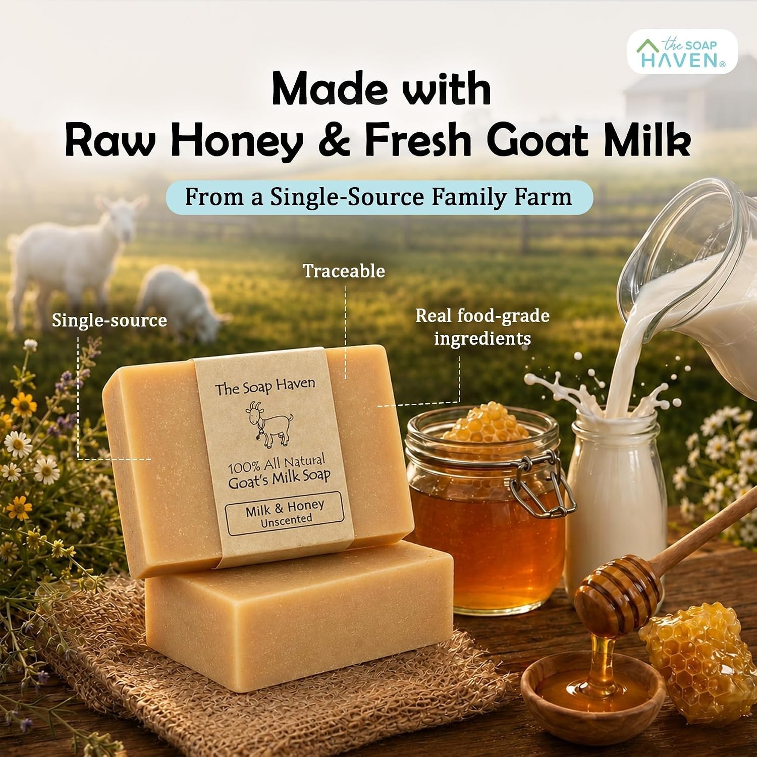 4 Goat Milk Soap Bars with Honey – Unscented & Fragrance-Free for Sensitive Skin