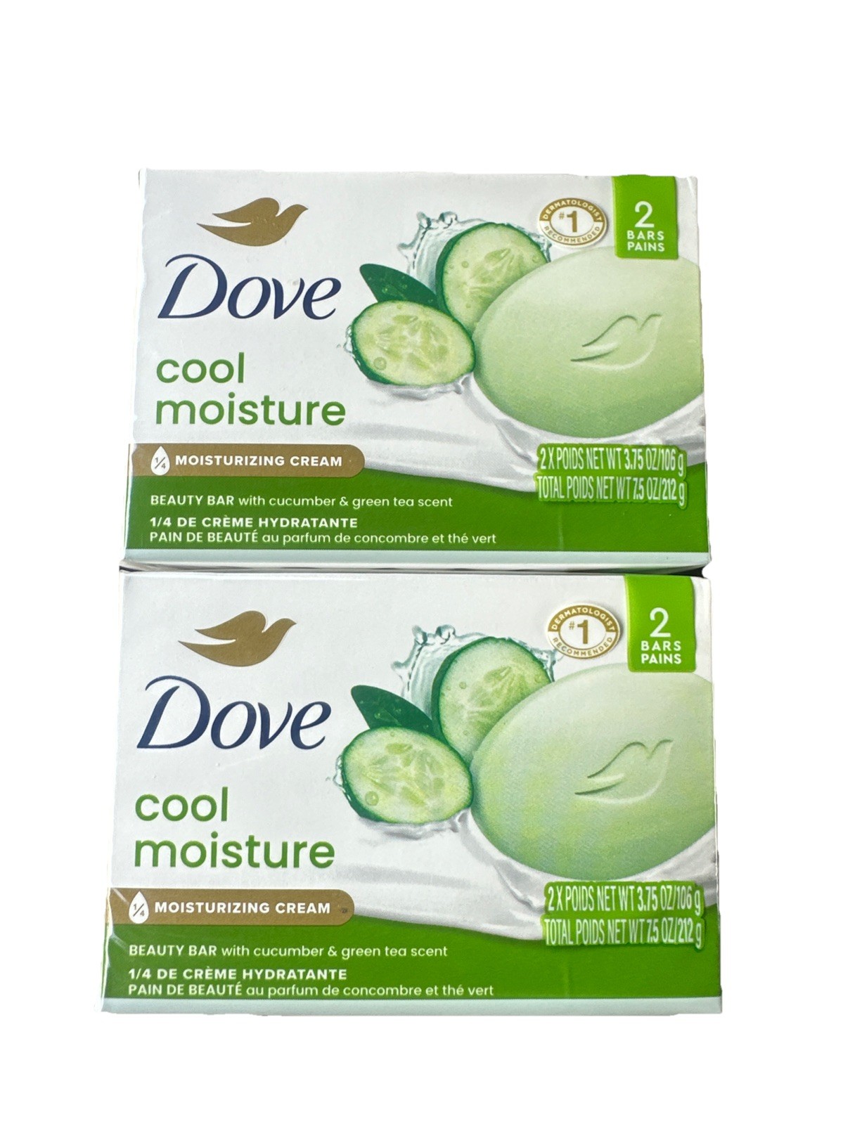2~Dove Cool Moisture Cucumber and Green Tea Beauty Bars~2 Bars Per Pack