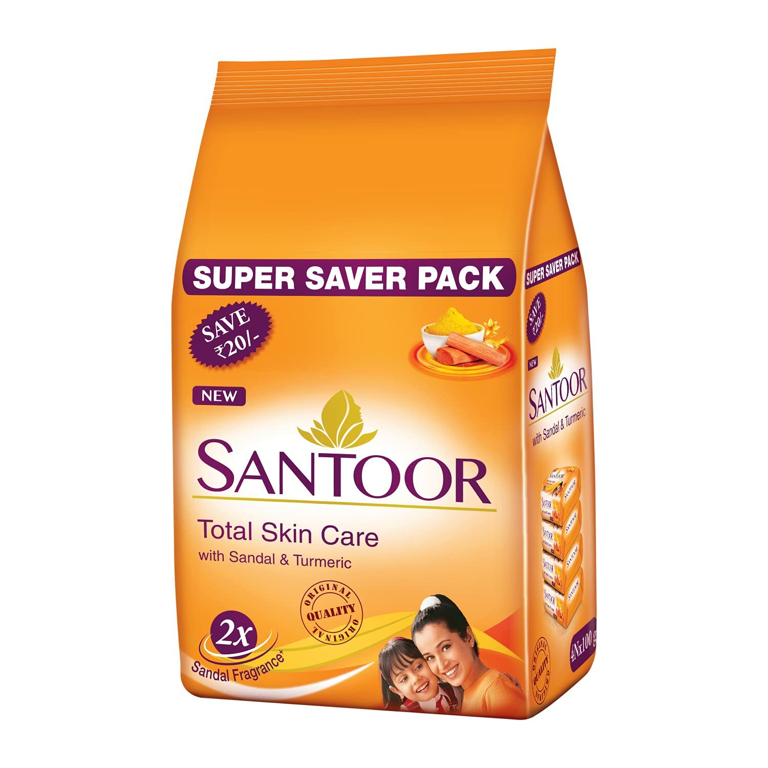 Santoor Sandal & Turmeric Soap for Total Skin Care 100gm (Pack of 4).