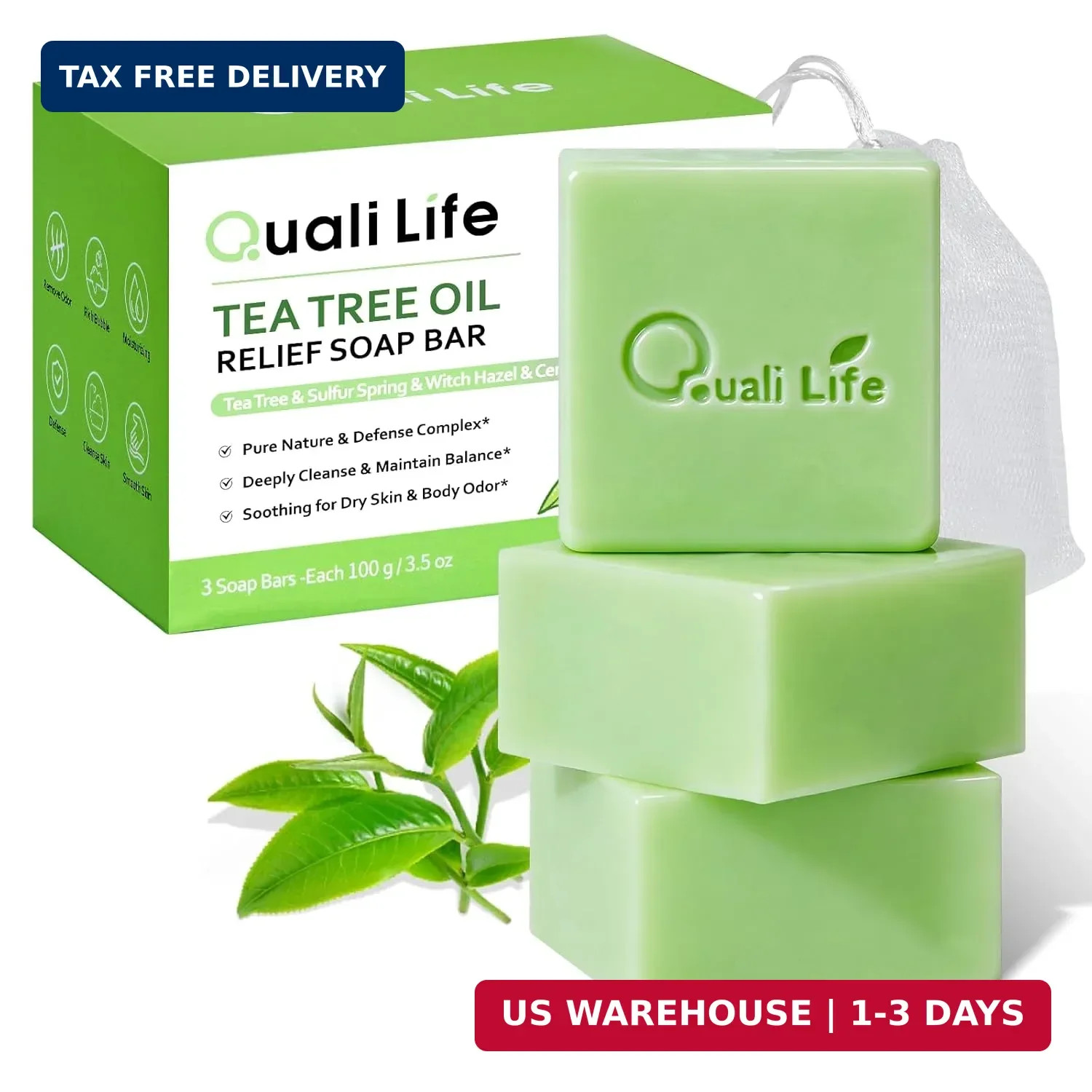 Tea Tree Soap Bar, 3 Pack – Deep Cleansing Face & Body Bath Bar with Tea Tree Oi