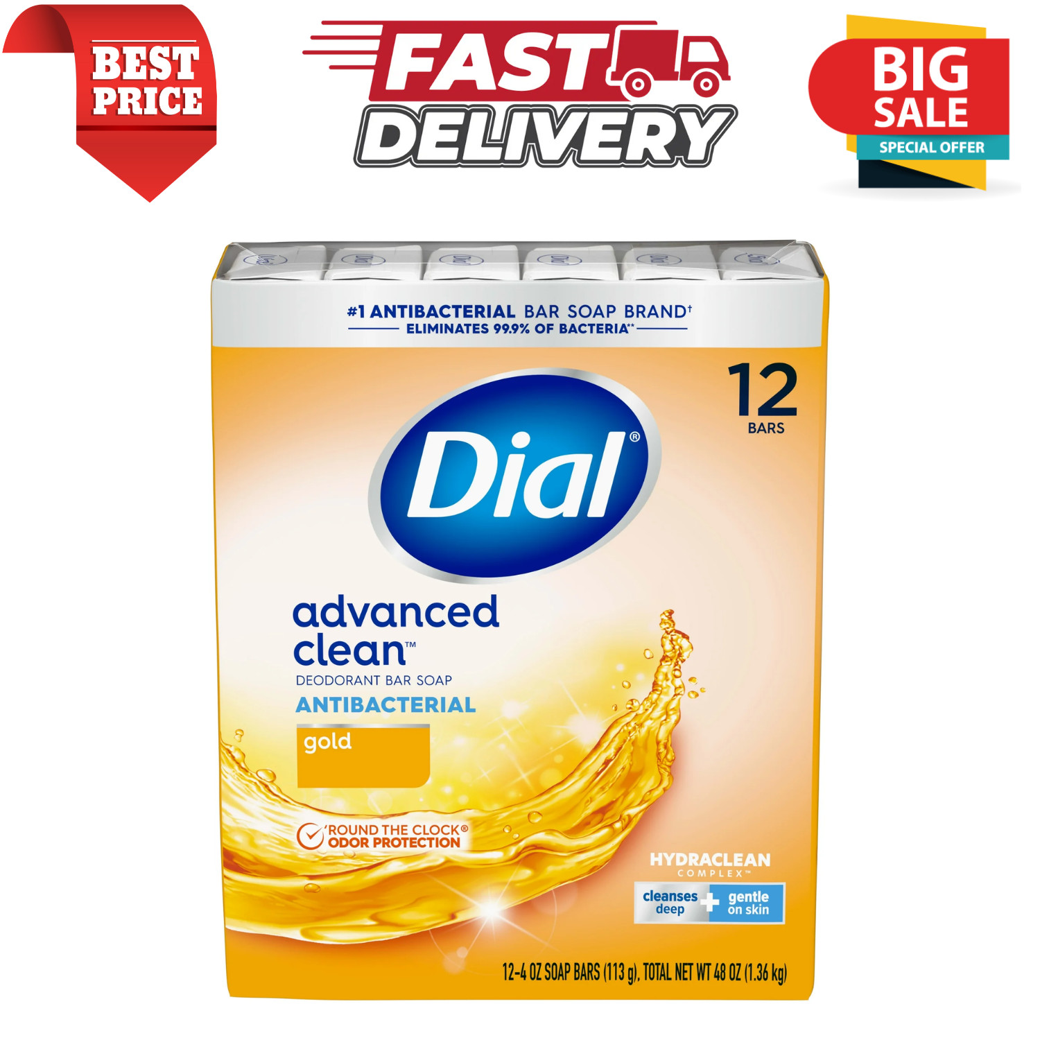 Dial Antibacterial Deodorant Bar Soap, Advanced Clean, Gold, 4 oz, 12 Bars NEW