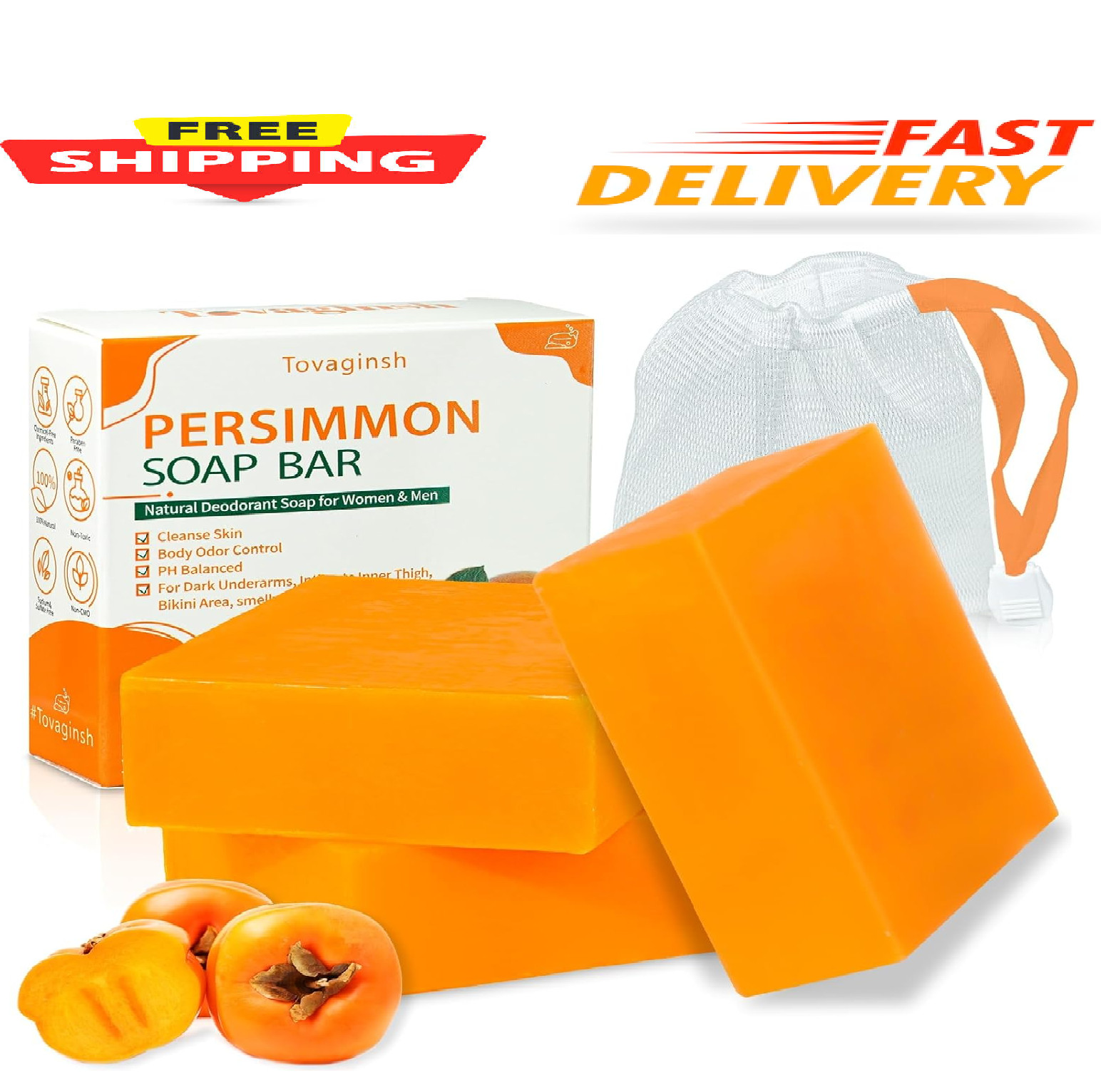 3Pack Natural Persimmon Soap Bar for Body Odor Control, Organic Deodorant Body