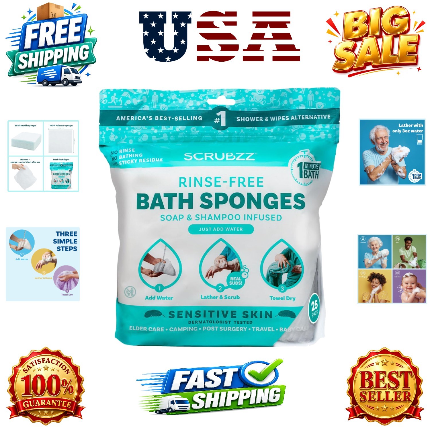 Disposable No Rinse Bathing Wipes for Senstive Skin – 25 Pack – All-in-1 Sing…