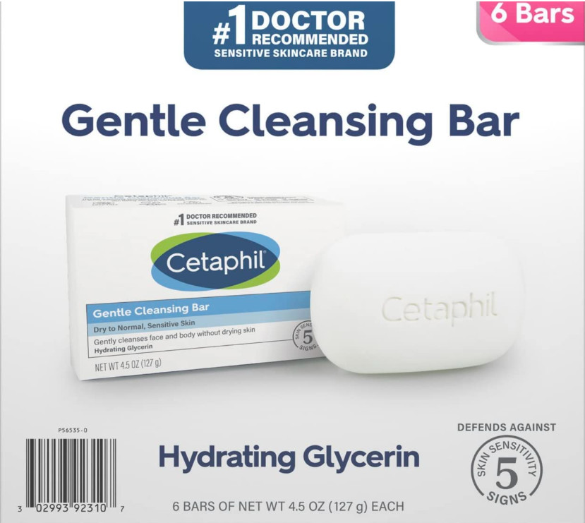 12 BARS, Cetaphil Gentle Cleansing Bar for Dry/Sensitive Skin 4.50 oz.